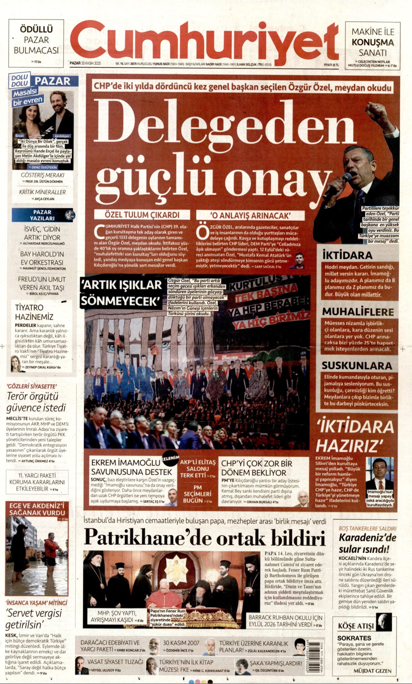 Özgür Özel 4. kez Genel Başkan: Gazeteler, CHP'nin 39. Olağan Kurultayı'nı nasıl gördü? (30 Kasım 2025 gazete manşetleri)