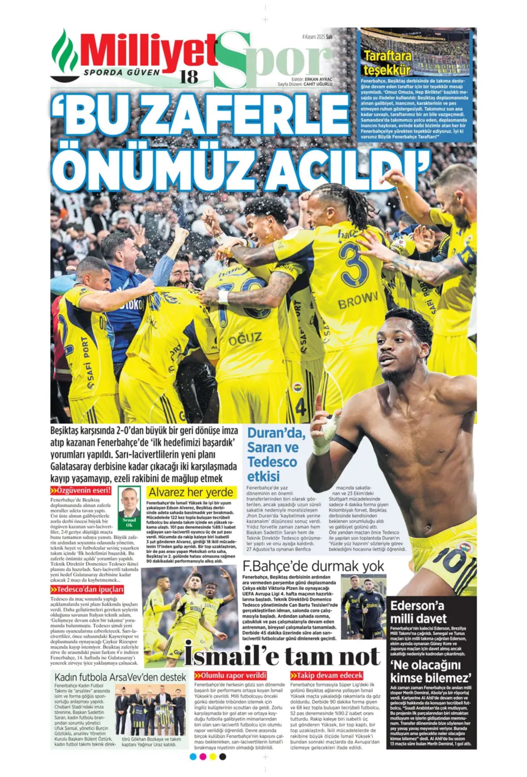 Sporda günün manşetleri... Beşiktaş'ta derbi mağlubiyeti sonrası kritik zirve!