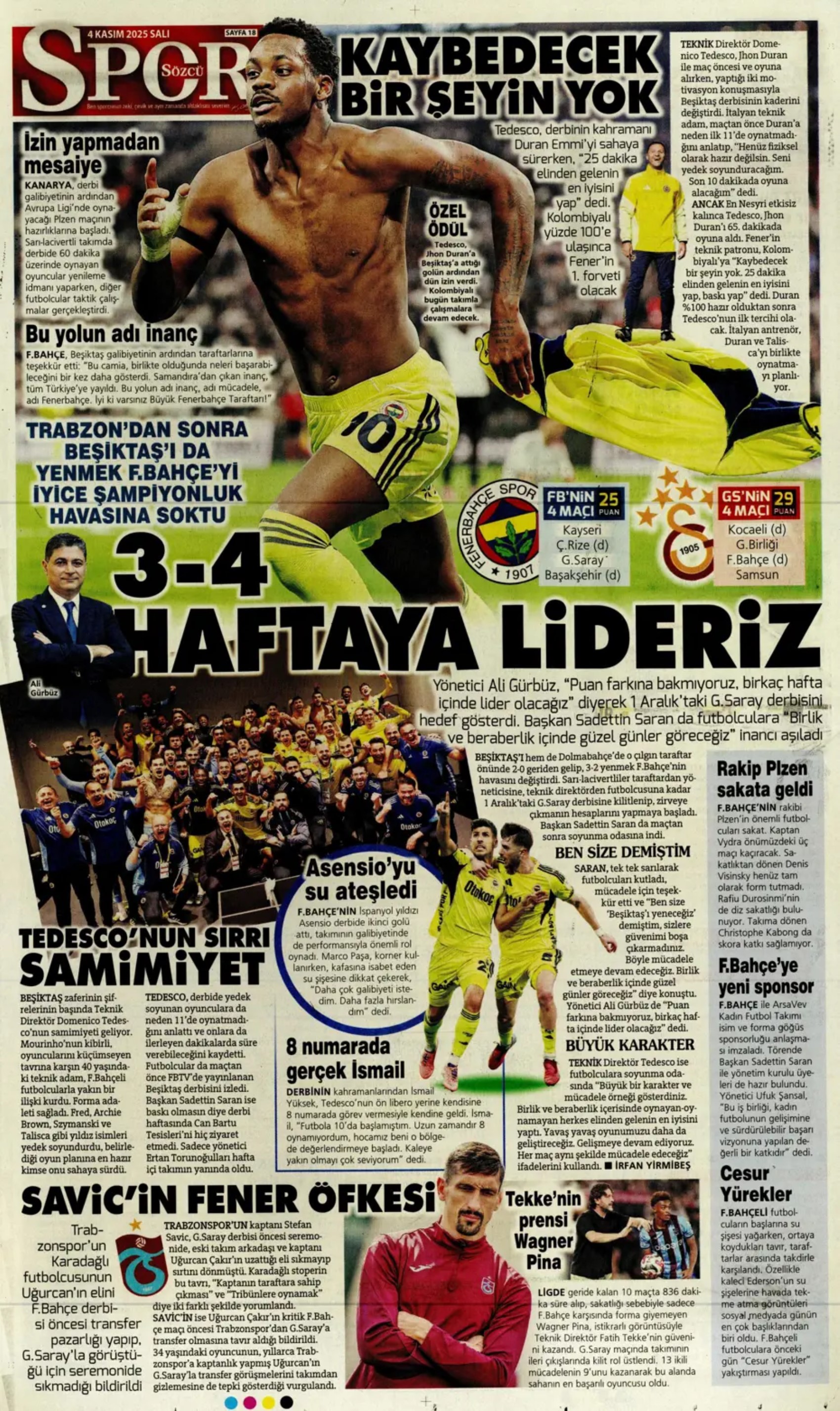 Sporda günün manşetleri... Beşiktaş'ta derbi mağlubiyeti sonrası kritik zirve!