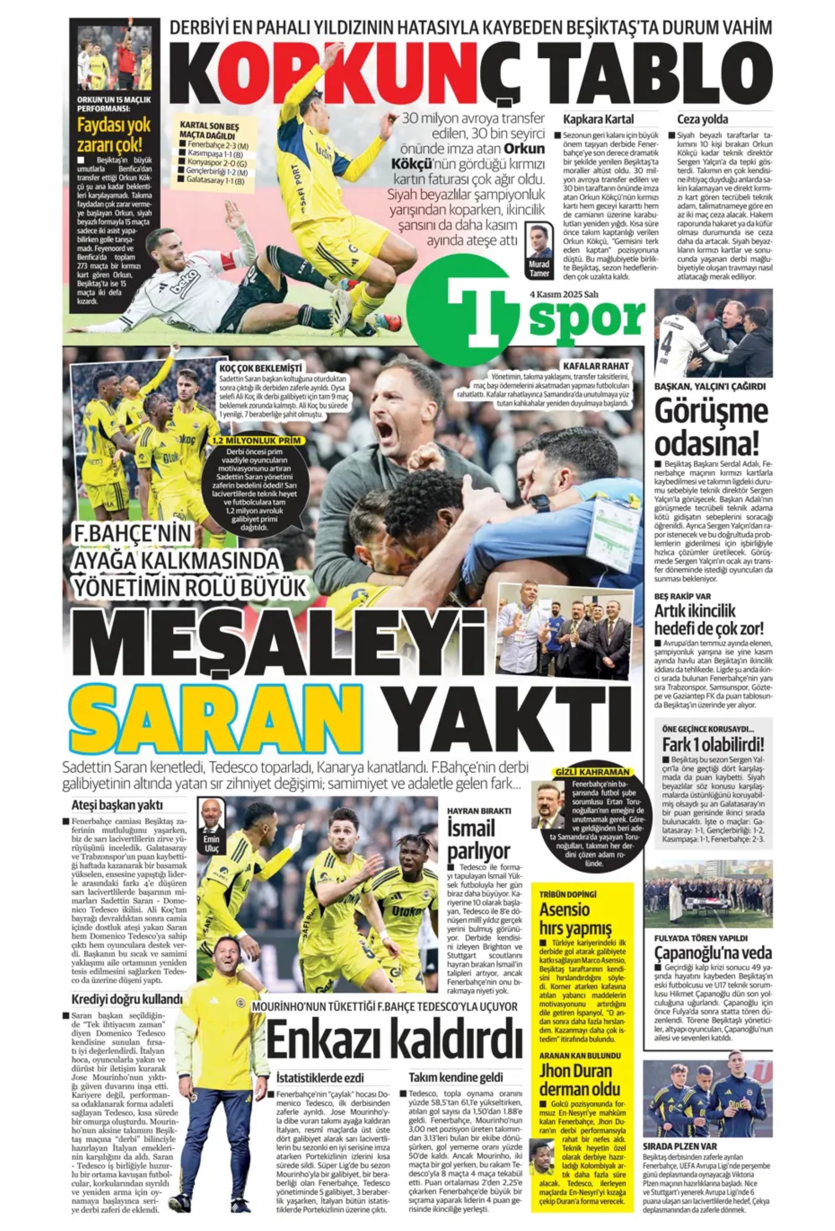 Sporda günün manşetleri... Beşiktaş'ta derbi mağlubiyeti sonrası kritik zirve!