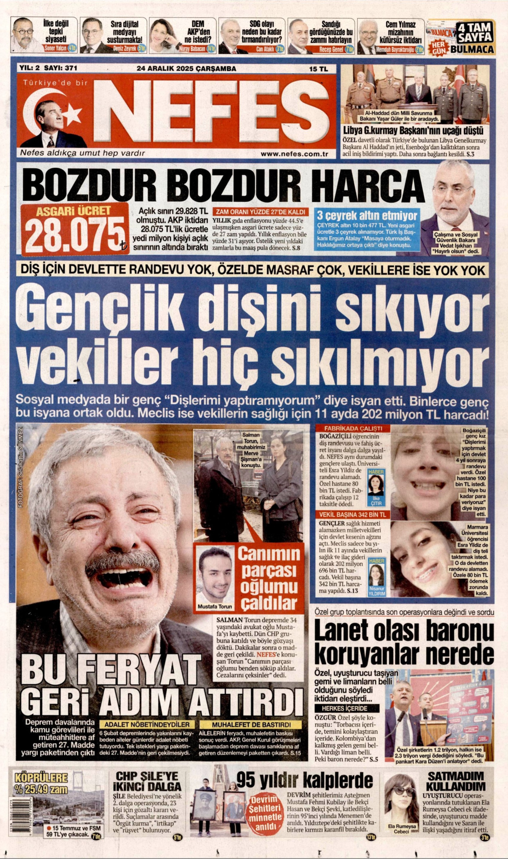 24 Aralık 2025 gazete manşetleri: Gazeteler açlık sınırının altında kalan asgari ücret zammını nasıl gördü?