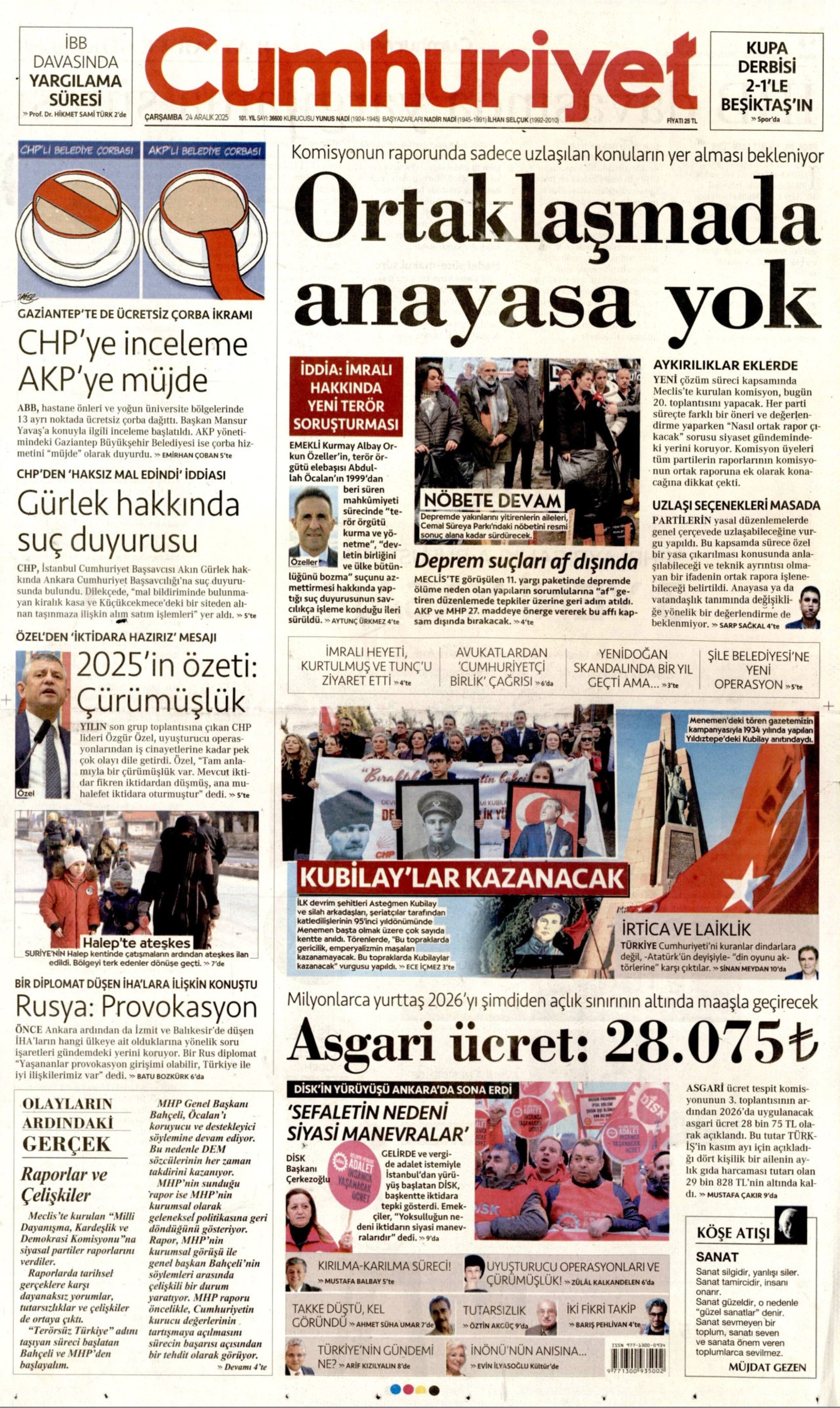 24 Aralık 2025 gazete manşetleri: Gazeteler açlık sınırının altında kalan asgari ücret zammını nasıl gördü?