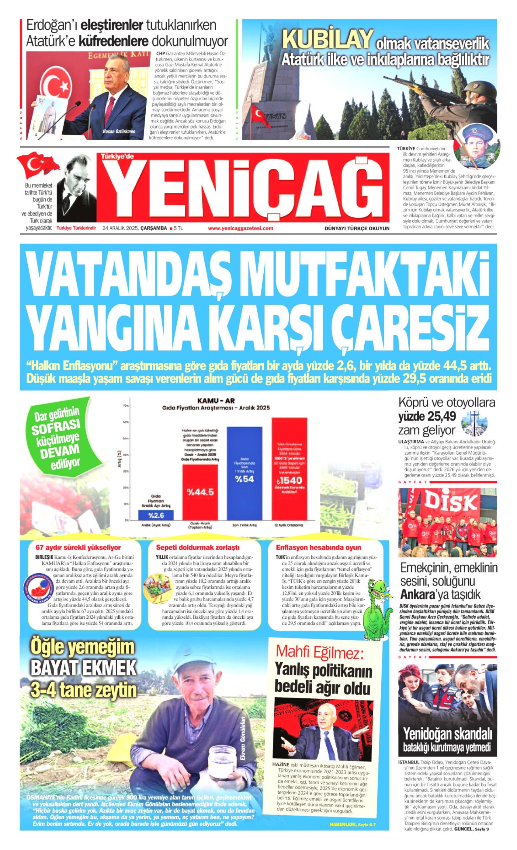 24 Aralık 2025 gazete manşetleri: Gazeteler açlık sınırının altında kalan asgari ücret zammını nasıl gördü?