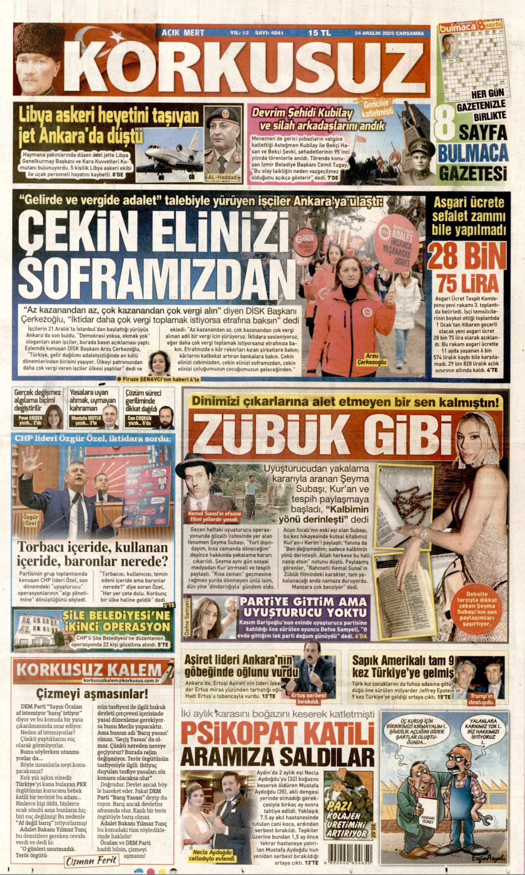 24 Aralık 2025 gazete manşetleri: Gazeteler açlık sınırının altında kalan asgari ücret zammını nasıl gördü?