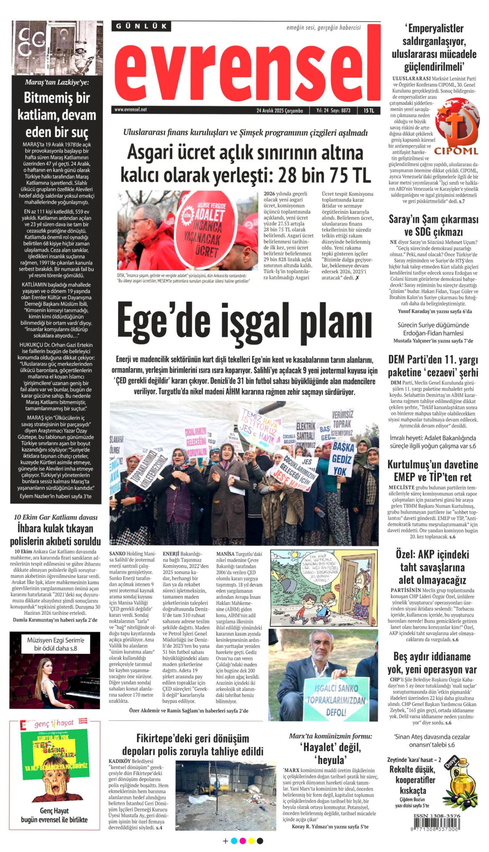 24 Aralık 2025 gazete manşetleri: Gazeteler açlık sınırının altında kalan asgari ücret zammını nasıl gördü?