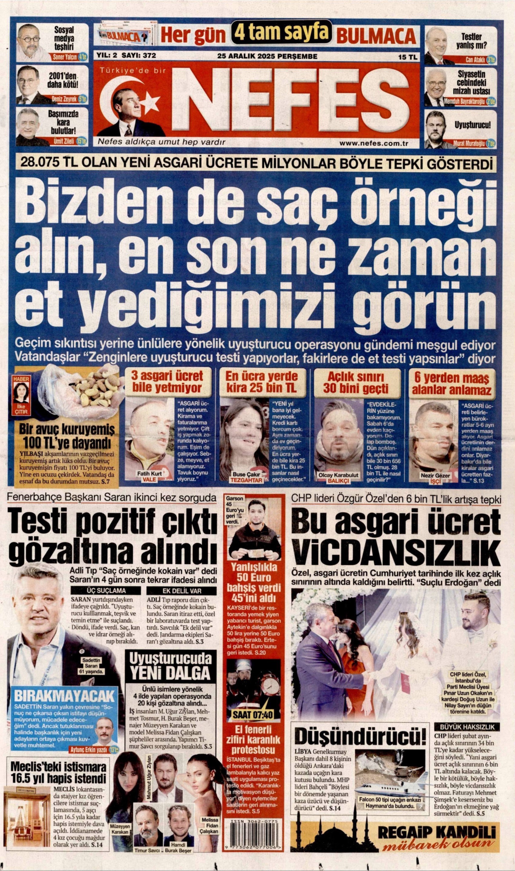 25 Aralık 2025 gazete manşetleri: Gazeteler, Sadettin Saran'ın gözaltına alınmasını nasıl gördü?