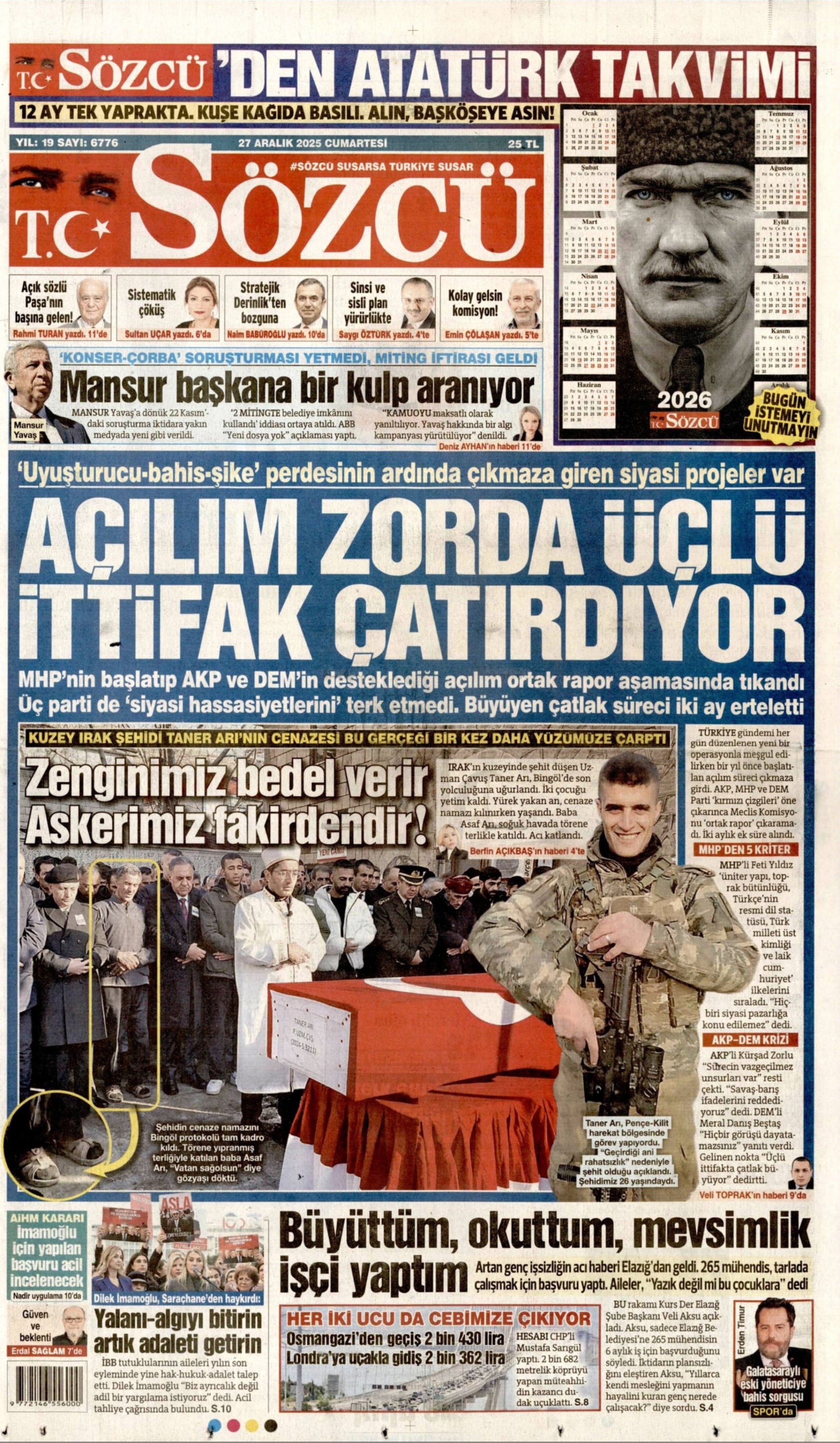 27 Aralık 2025 gazete manşetleri: Gazeteler Erden Timur'un gözaltına alınmasını nasıl gördü?