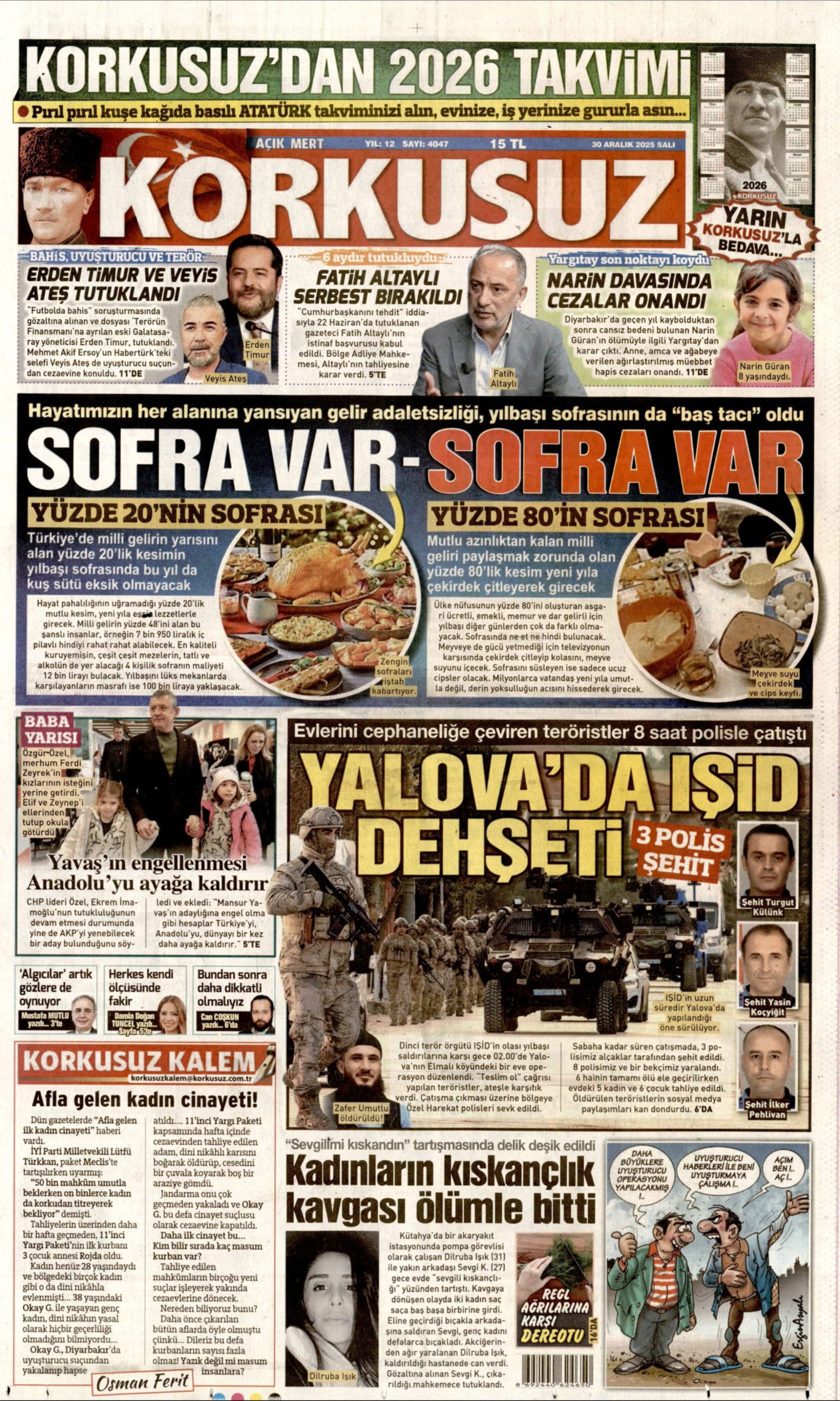 3 polisimiz şehit olmuştu: Gazeteler, IŞİD'in Yalova'daki terör saldırısını nasıl gördü? (30 Aralık 2025 gazete manşetleri)