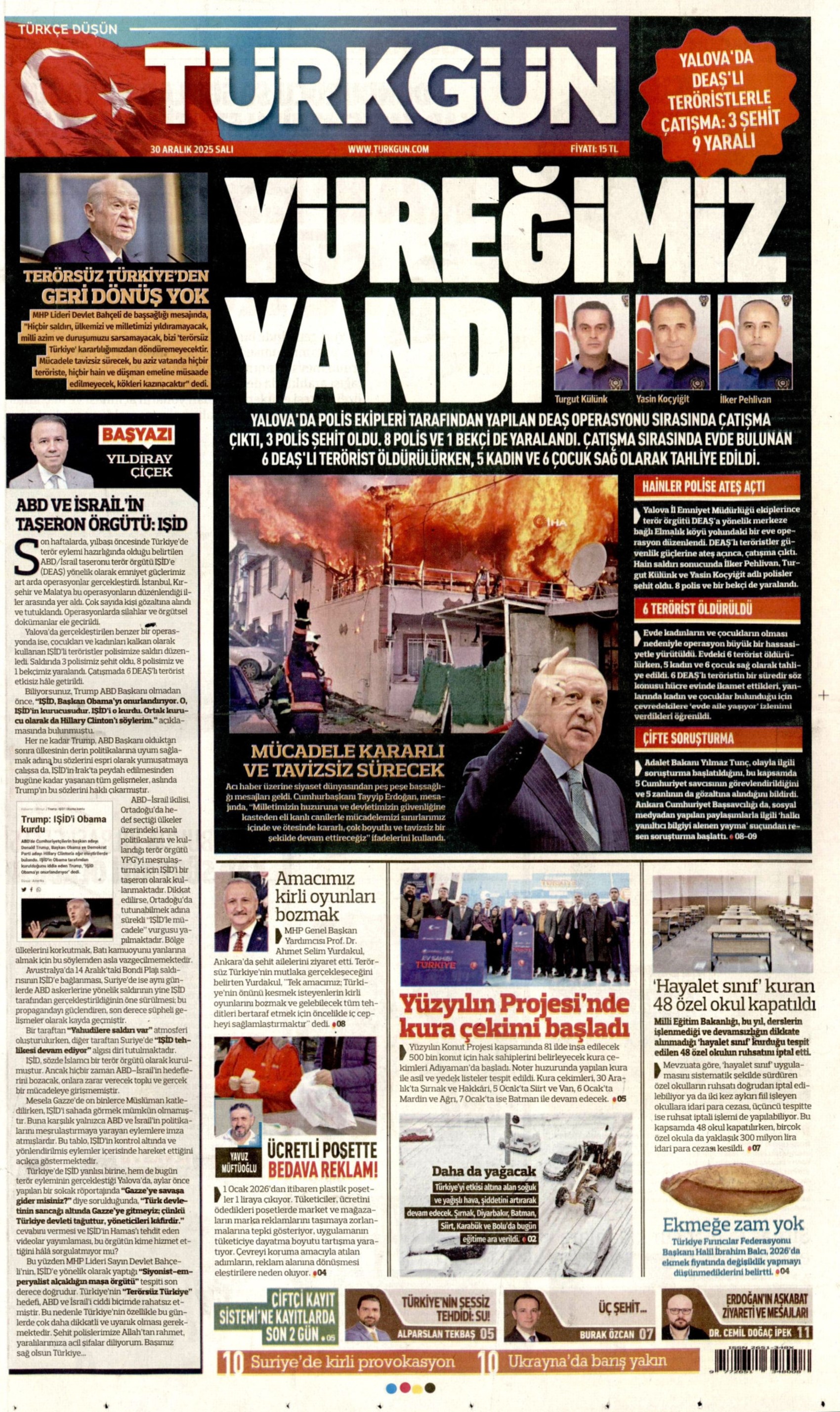 3 polisimiz şehit olmuştu: Gazeteler, IŞİD'in Yalova'daki terör saldırısını nasıl gördü? (30 Aralık 2025 gazete manşetleri)