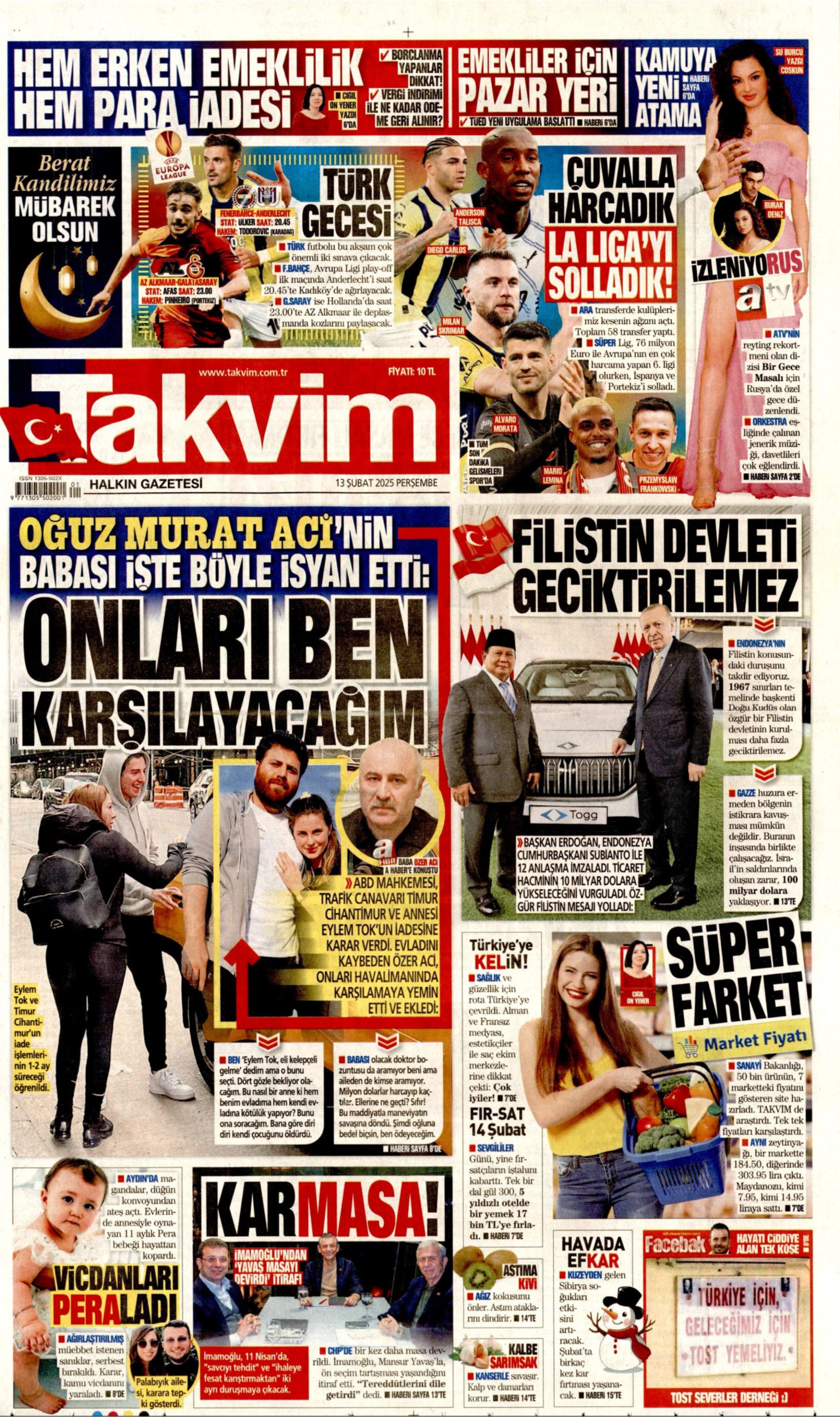 13 Şubat 2025 gazete manşetleri