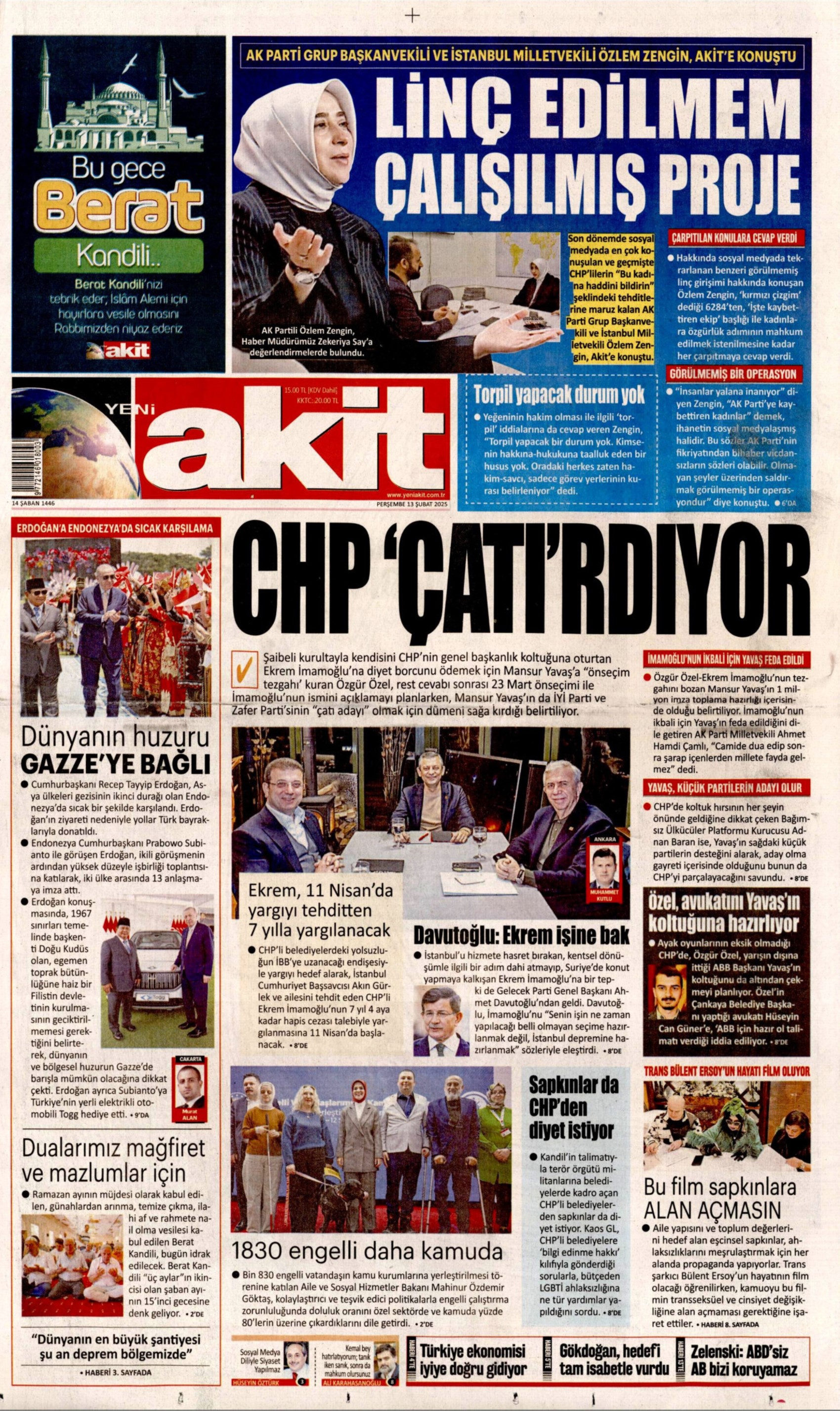 13 Şubat 2025 gazete manşetleri