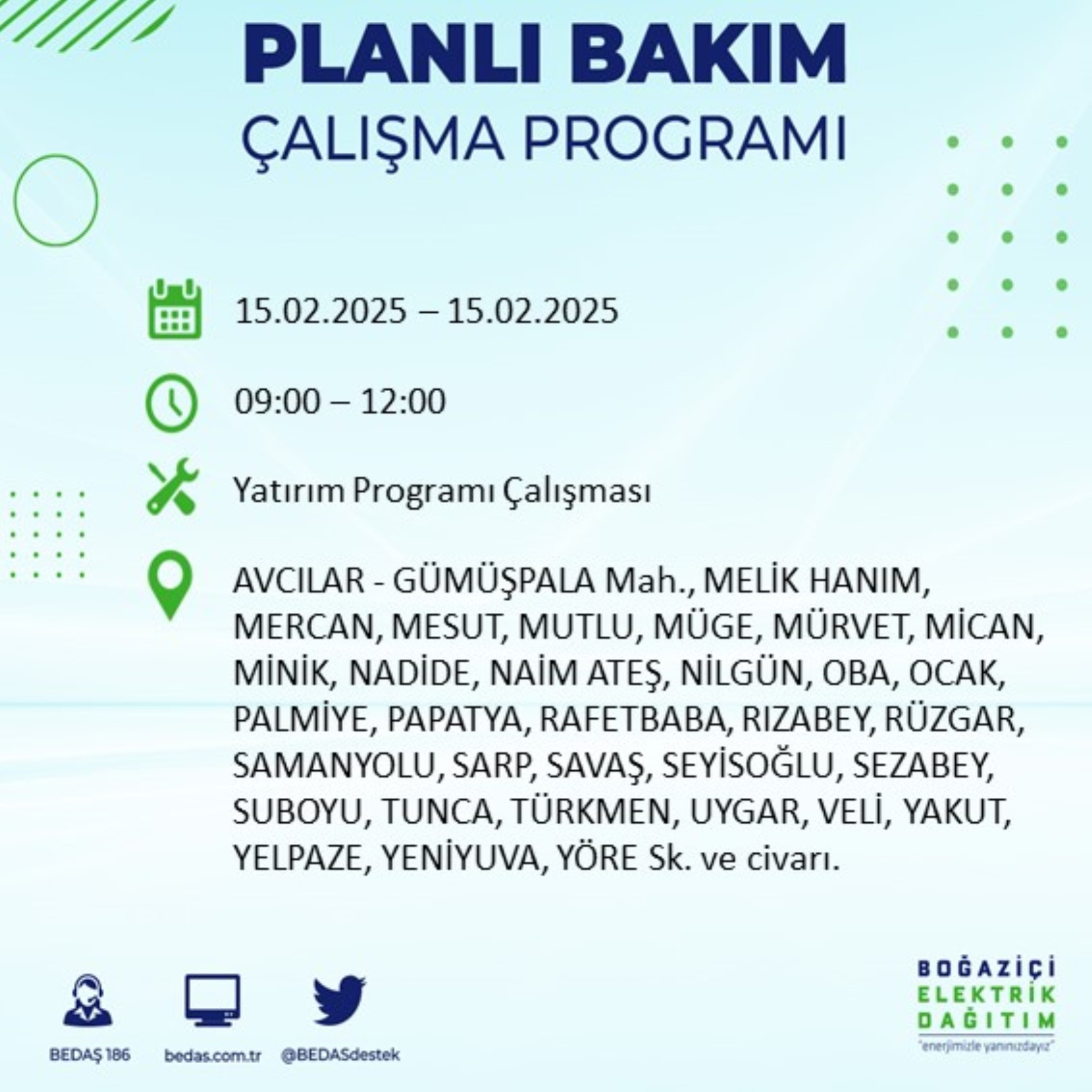 BEDAŞ açıkladı... İstanbul'da elektrik kesintisi: 15 Şubat'ta hangi mahalleler etkilenecek?