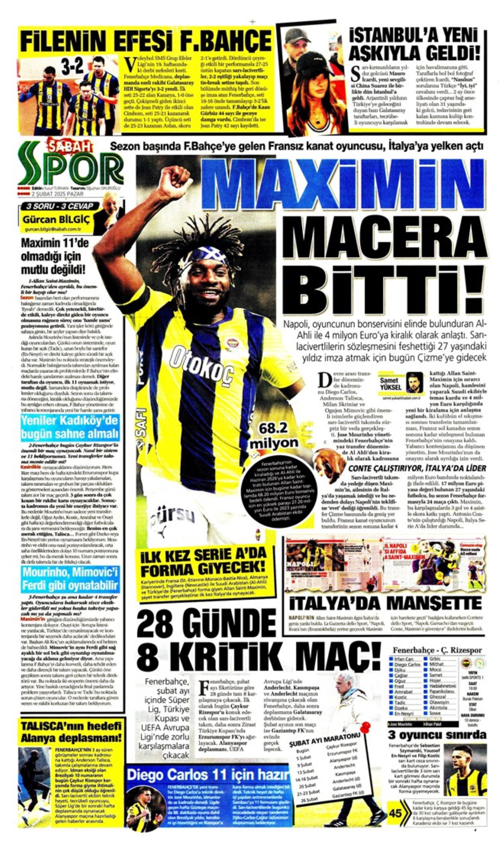 Sporun manşetleri: Fenerbahçe'de hareketli saatler: Maximin 'out' Son 'in'