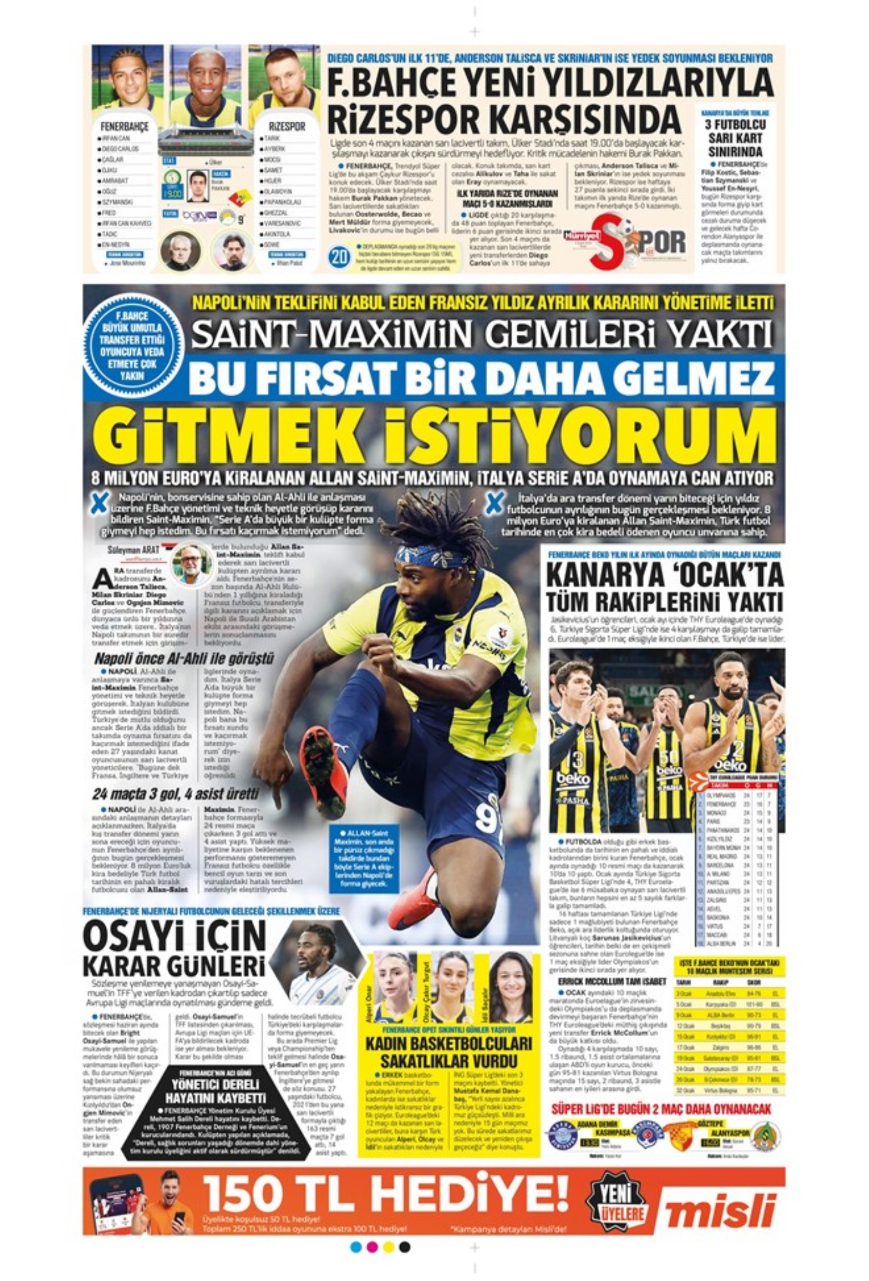 Sporun manşetleri: Fenerbahçe'de hareketli saatler: Maximin 'out' Son 'in'