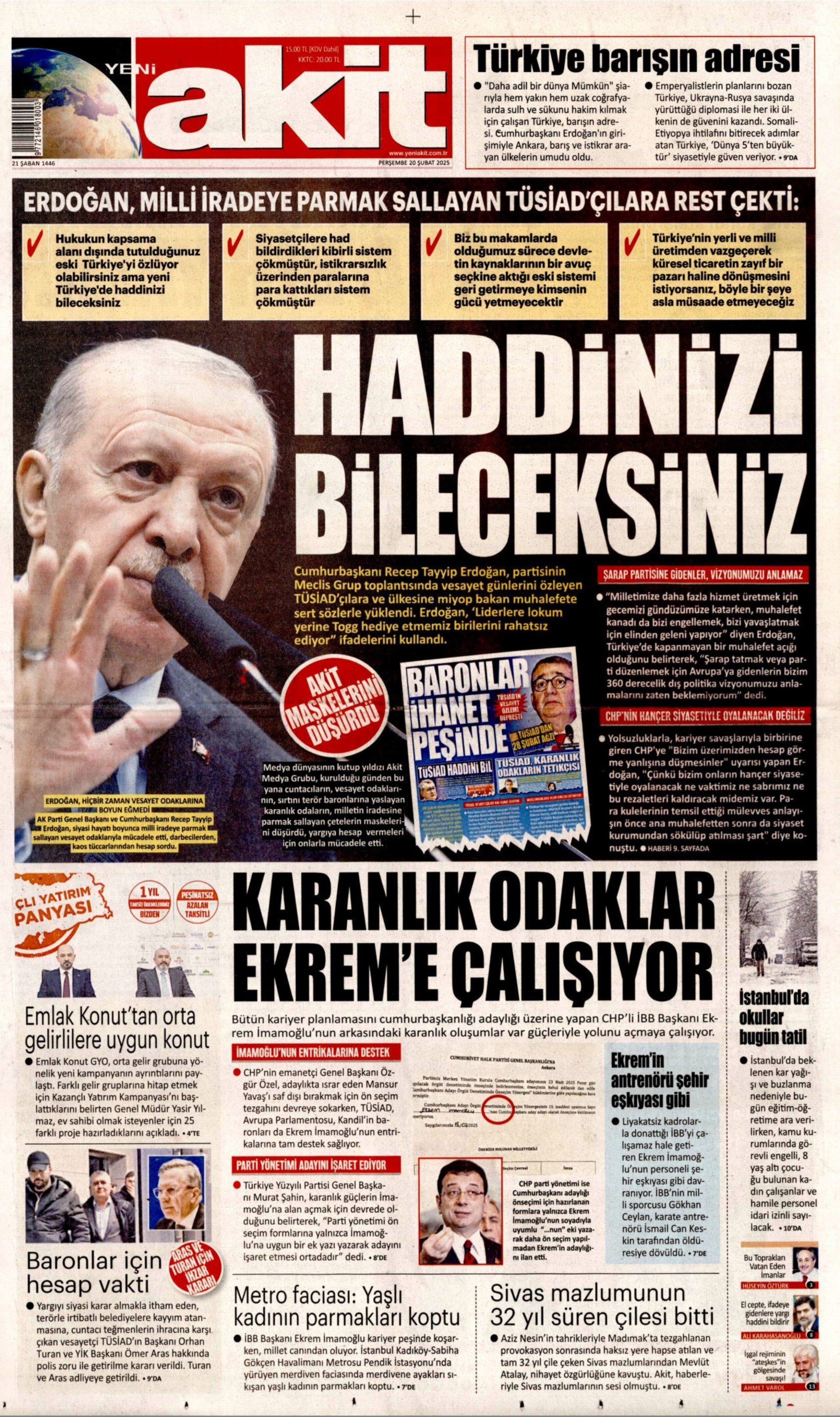 20 Şubat 2025 gazete manşetleri: Gazeteler, TÜSİAD'ın 2 tepe yöneticisinin gözaltına alınmasını nasıl gördü?