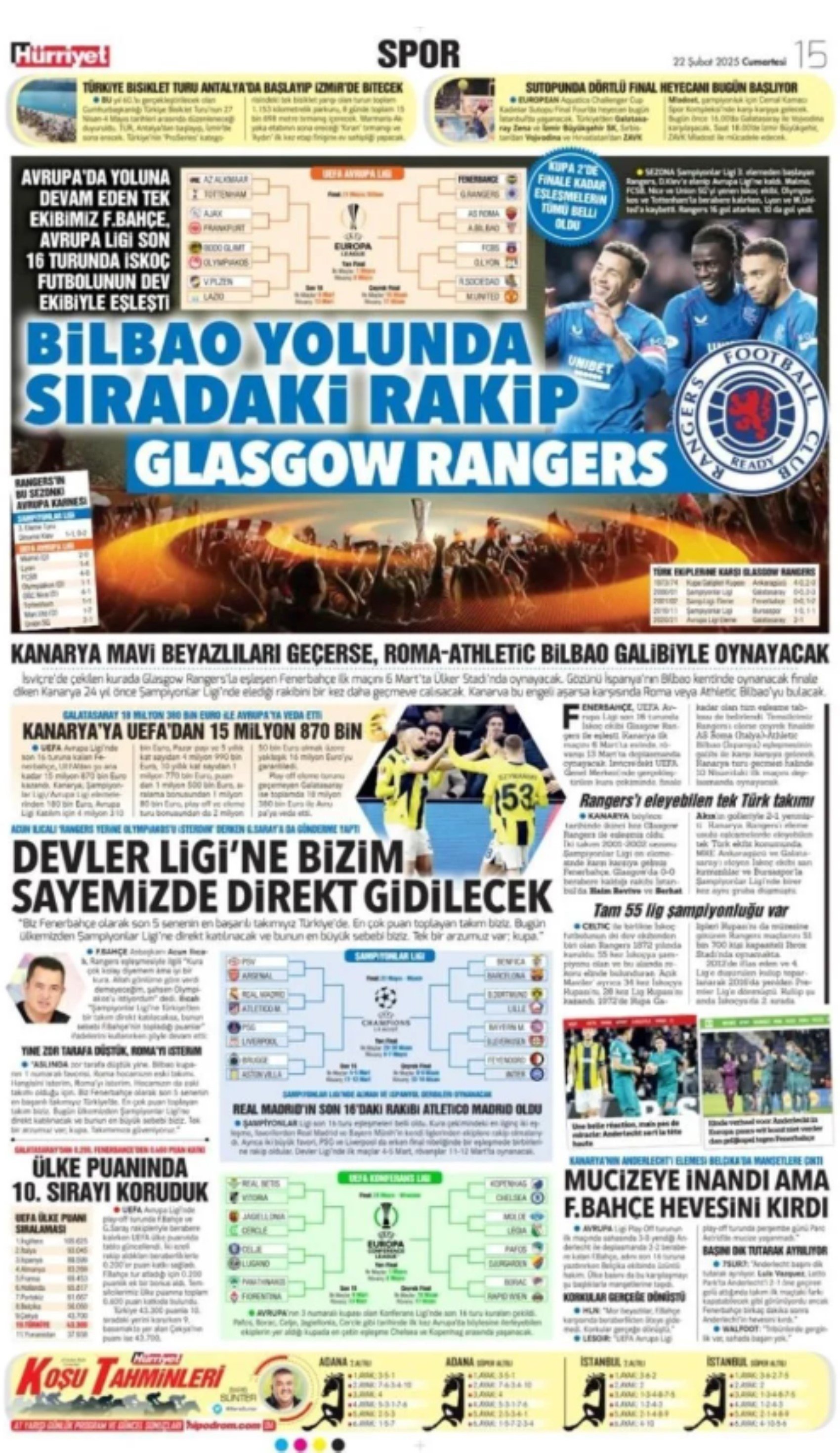 Günün spor manşetleri: Fenerbahçe'nin Avrupa'daki rakibi Glasgow Rangers!