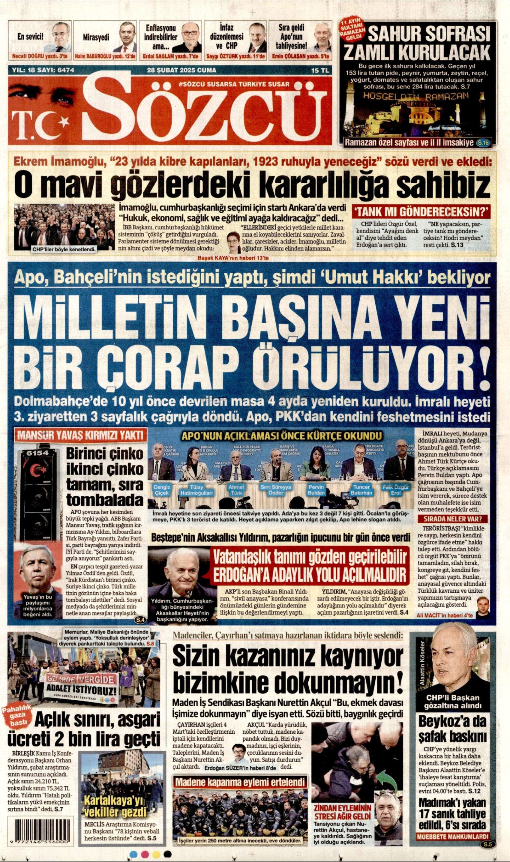 28 Şubat 2025 gazete manşetleri: Gazeteler, teröristbaşı Abdullah Öcalan'ın silah bırakma çağrısını nasıl gördü?