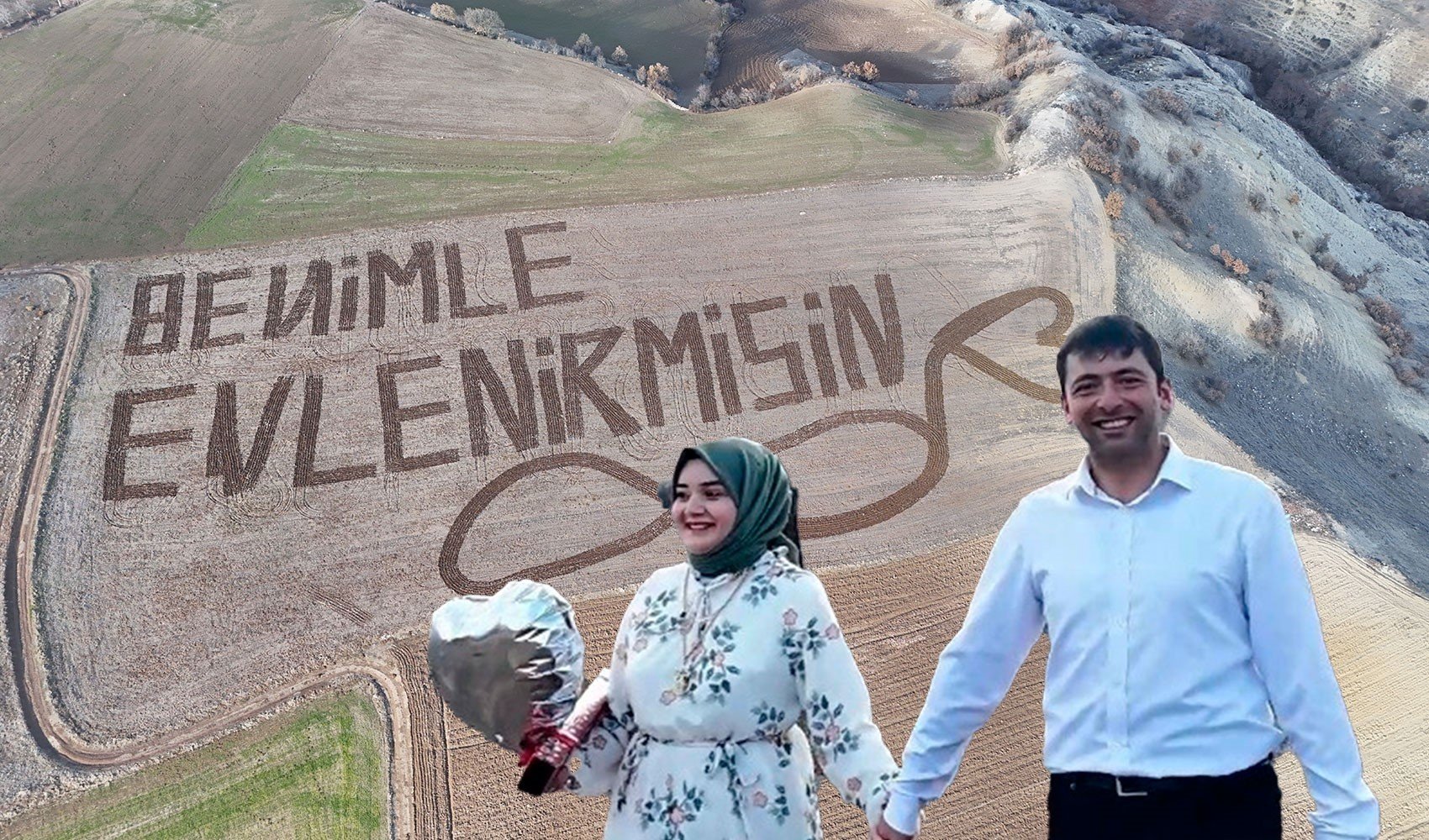 Çorumlu romantik çiftçiden ilginç evlilik teklifi: Aşkını traktörle tarlaya yazdı, 'evet' cevabını aldı