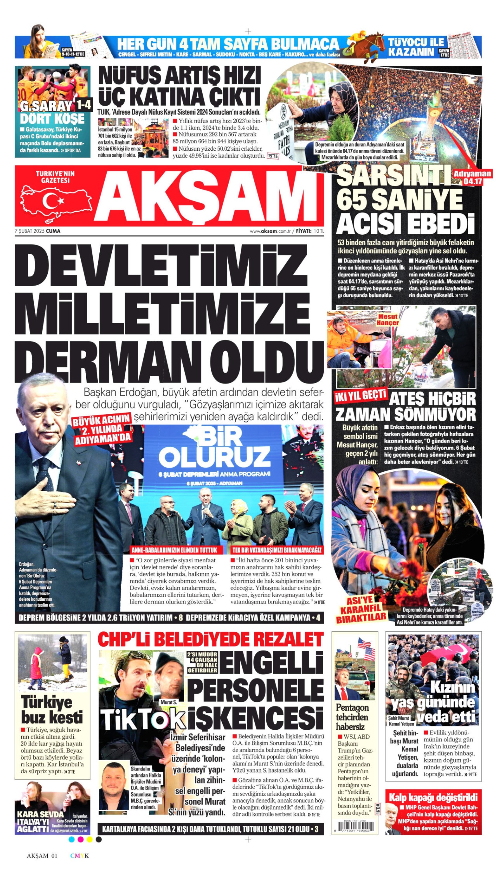 Erdoğan'ın 6 Şubat konuşması gazetelerde: Bizden başkası altından kalkamazdı (7 Şubat 2025 gazete manşetleri)