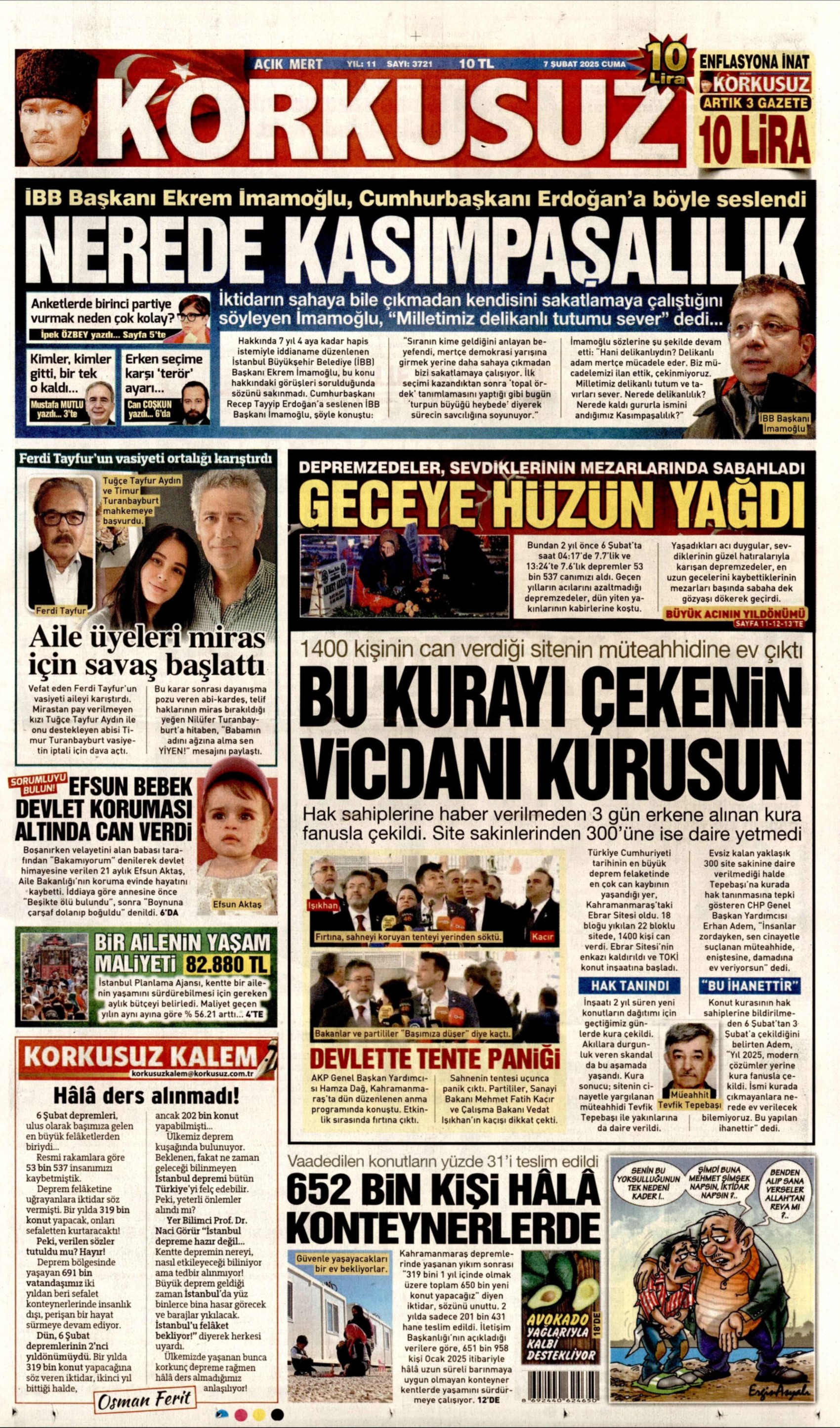 Erdoğan'ın 6 Şubat konuşması gazetelerde: Bizden başkası altından kalkamazdı (7 Şubat 2025 gazete manşetleri)