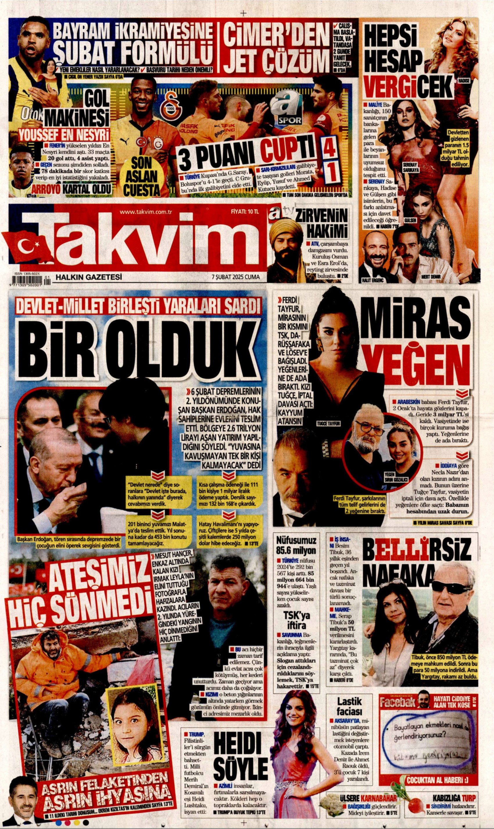 Erdoğan'ın 6 Şubat konuşması gazetelerde: Bizden başkası altından kalkamazdı (7 Şubat 2025 gazete manşetleri)