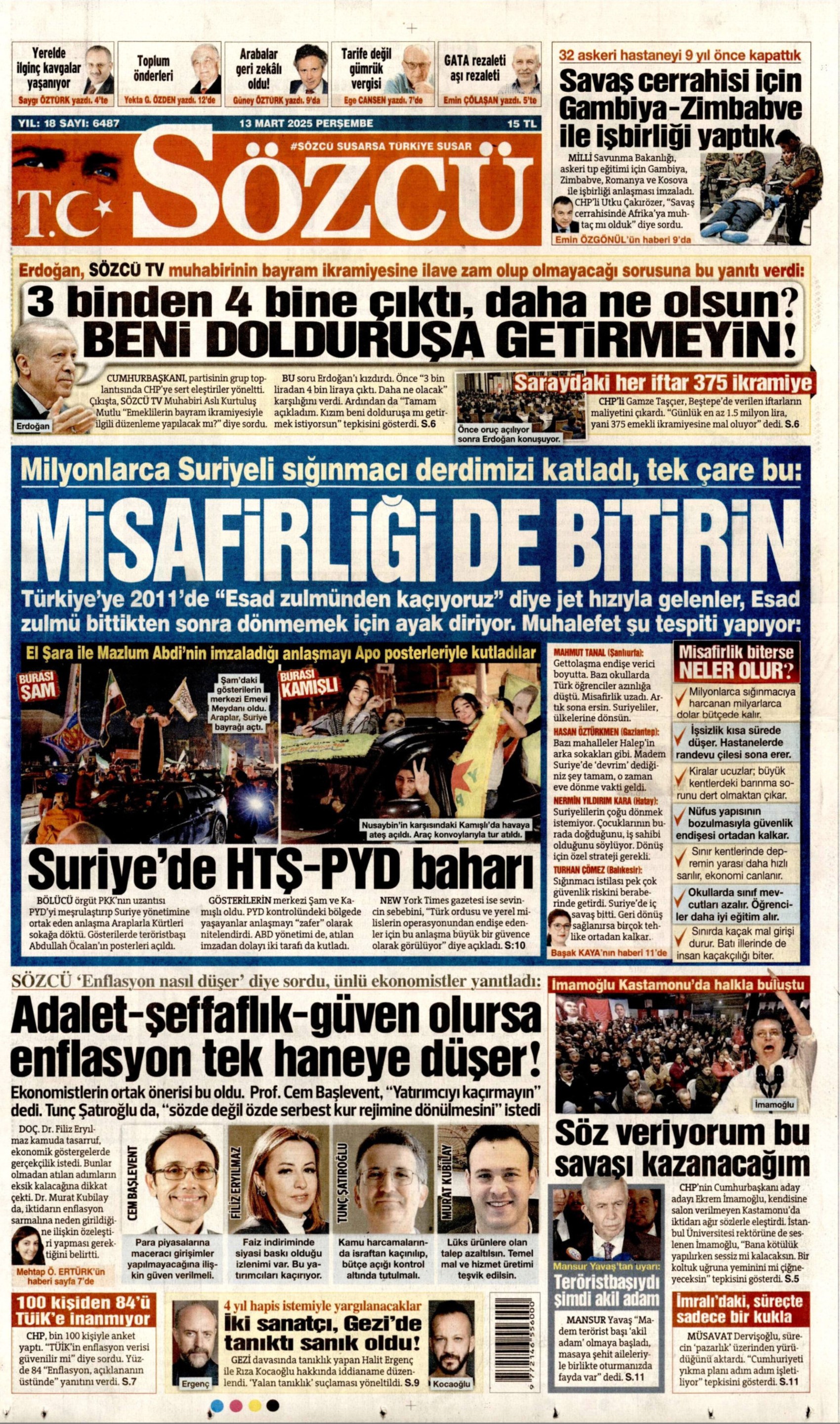 13 Mart 2025 gazete manşetleri: Gazeteler, Erdoğan'ın '3 bin liradan 4 bine çıktı, daha ne olacak' çıkışını nasıl gördü?
