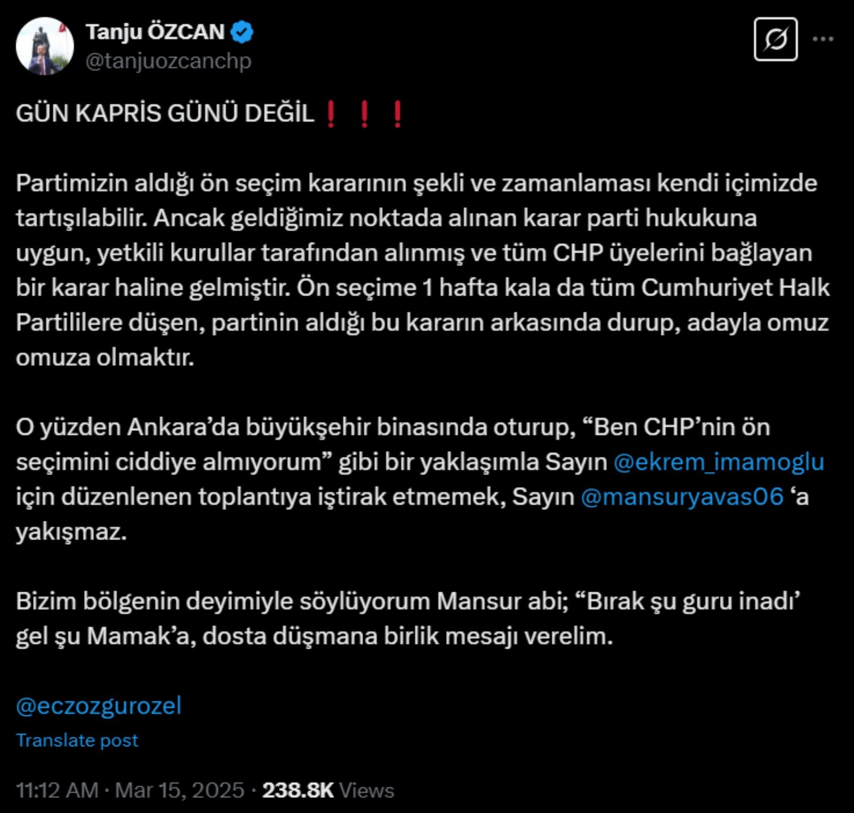 Bolu Belediye Başkanı Tanju Özcan’dan Mansur Yavaş’a çağrı: 'Bırak şu guru inadı, gel şu Mamak’a'