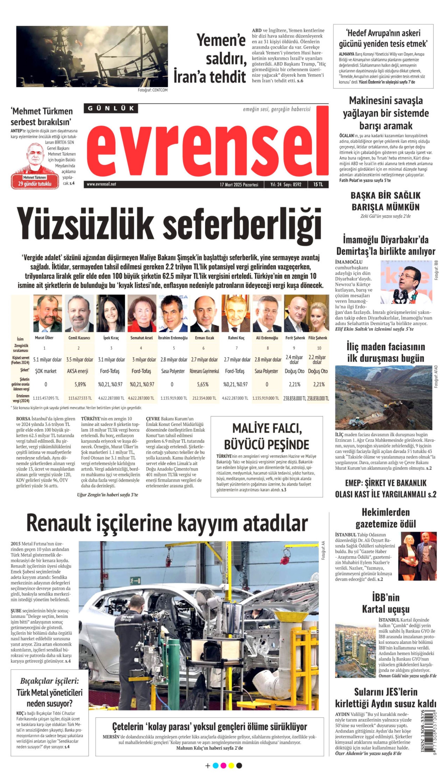 17 Mart 2025 gazete manşetleri