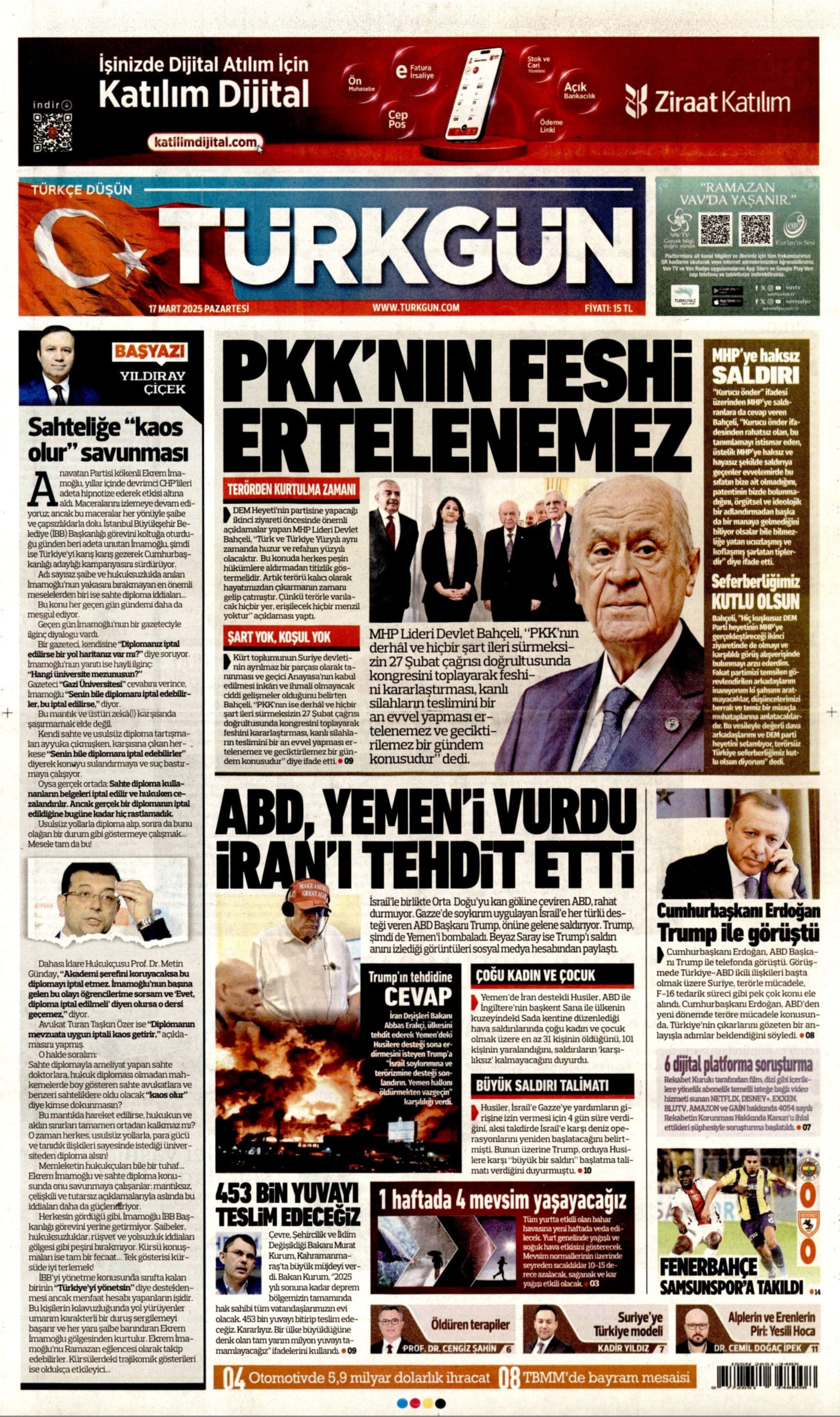 17 Mart 2025 gazete manşetleri