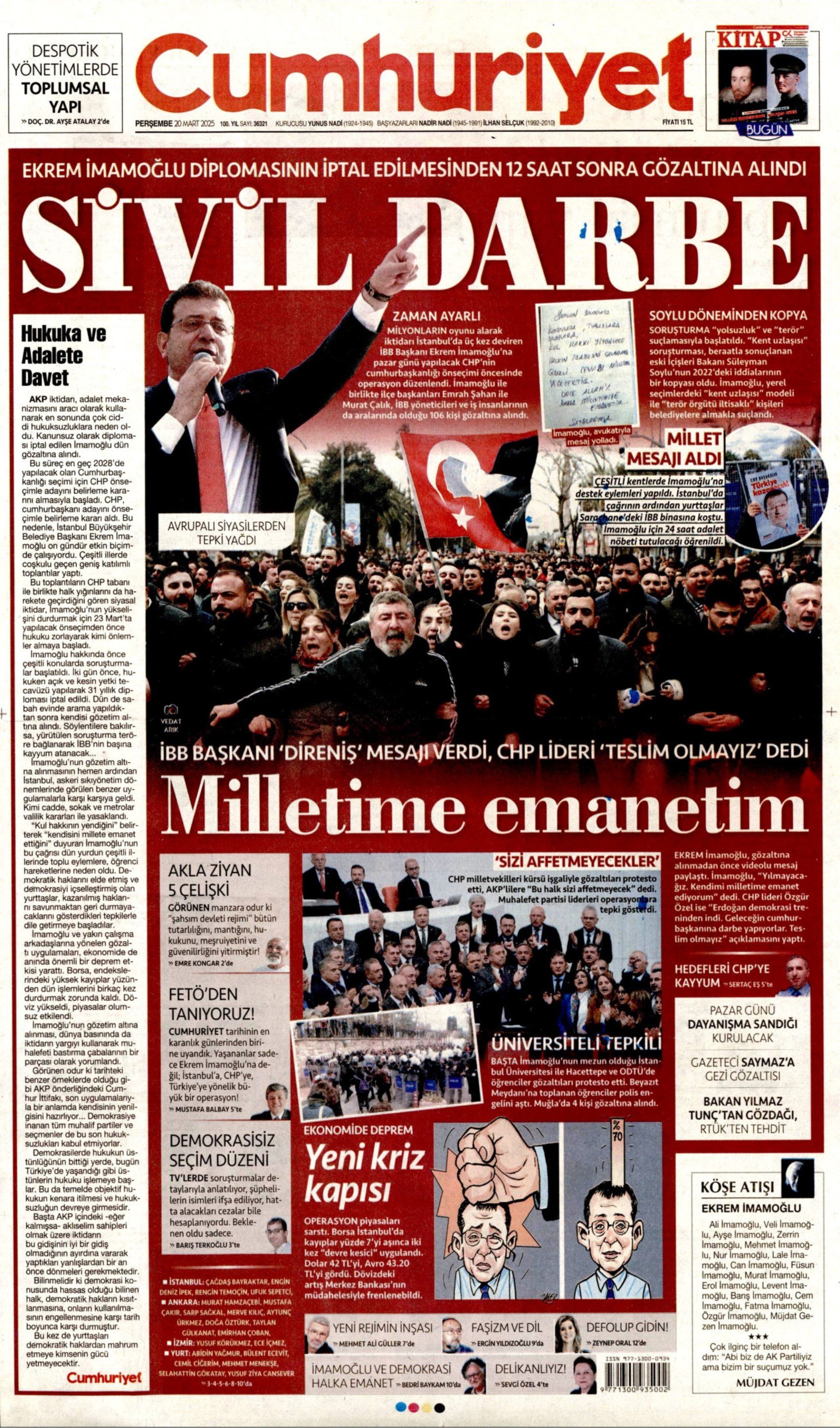 20 Mart 2025 gazete manşetleri: Gazeteler, Ekrem İmamoğlu'nun gözaltına alınmasını nasıl gördü?