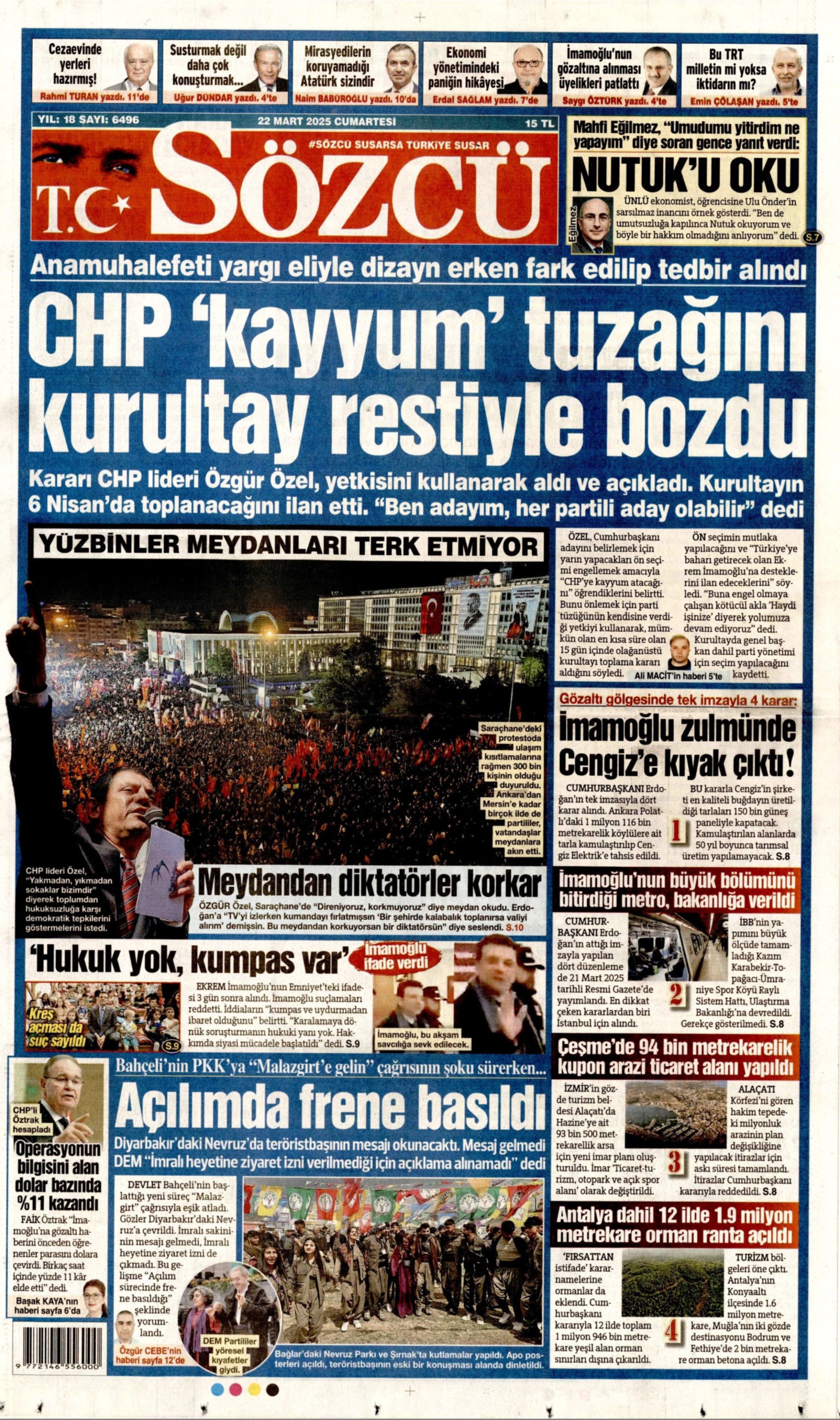 22 Mart 2025 gazete manşetleri: Yandaş medya Ekrem İmamoğlu protestolarını 'görmezden' geldi