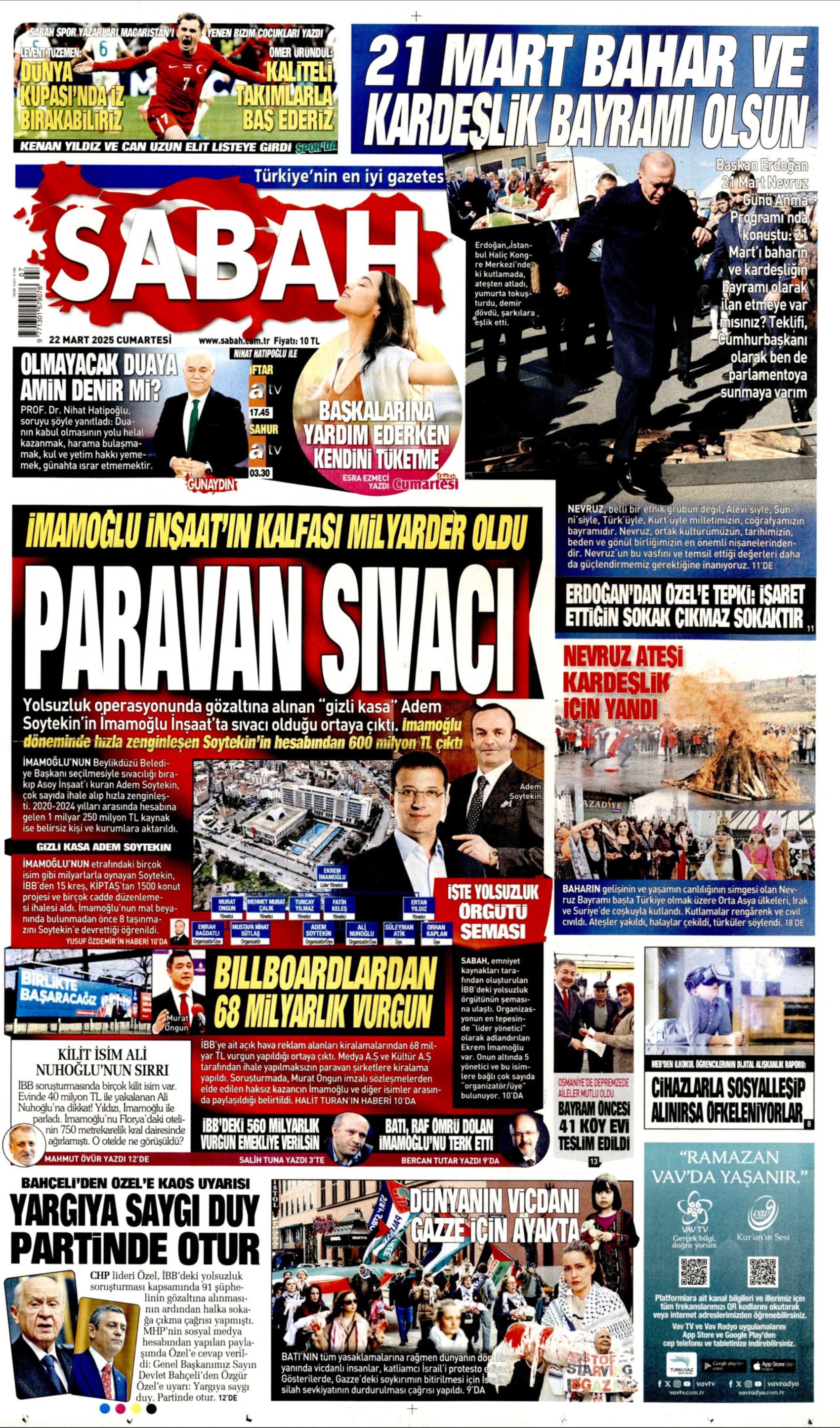 22 Mart 2025 gazete manşetleri: Yandaş medya Ekrem İmamoğlu protestolarını 'görmezden' geldi