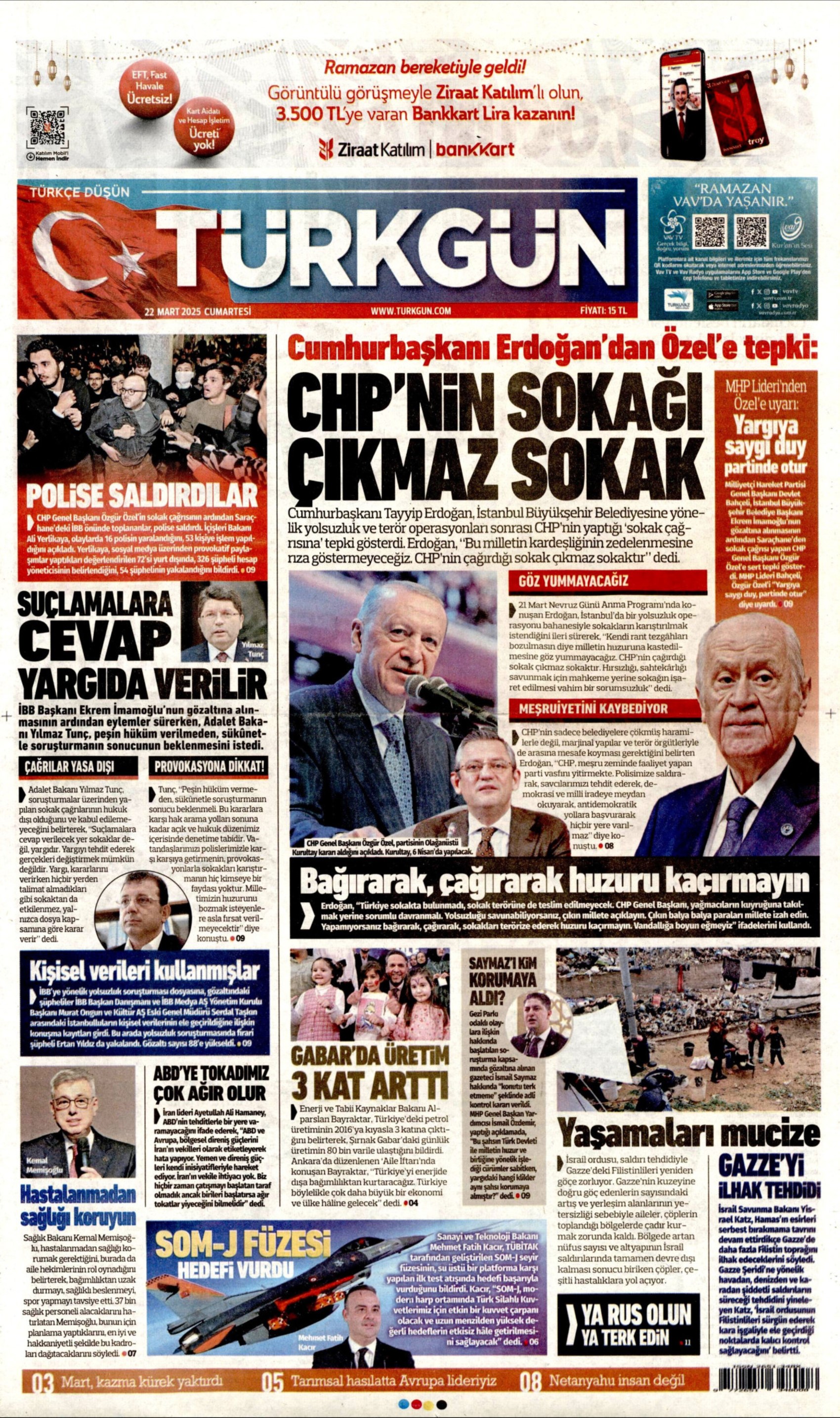 22 Mart 2025 gazete manşetleri: Yandaş medya Ekrem İmamoğlu protestolarını 'görmezden' geldi