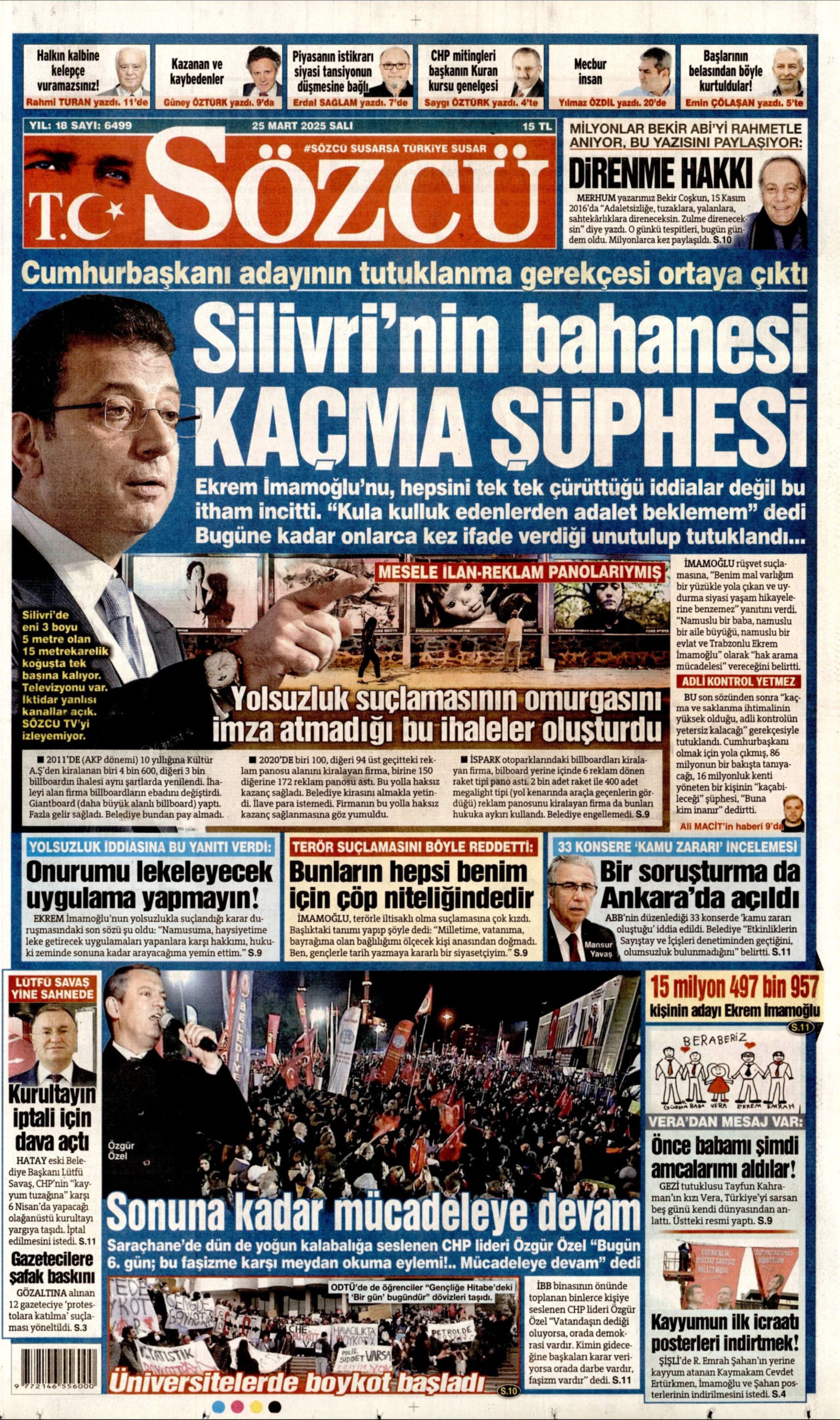 25 Mart 2025 gazete manşetleri: Gazeteler, yurt genelindeki İmamoğlu protestolarını nasıl gördü?