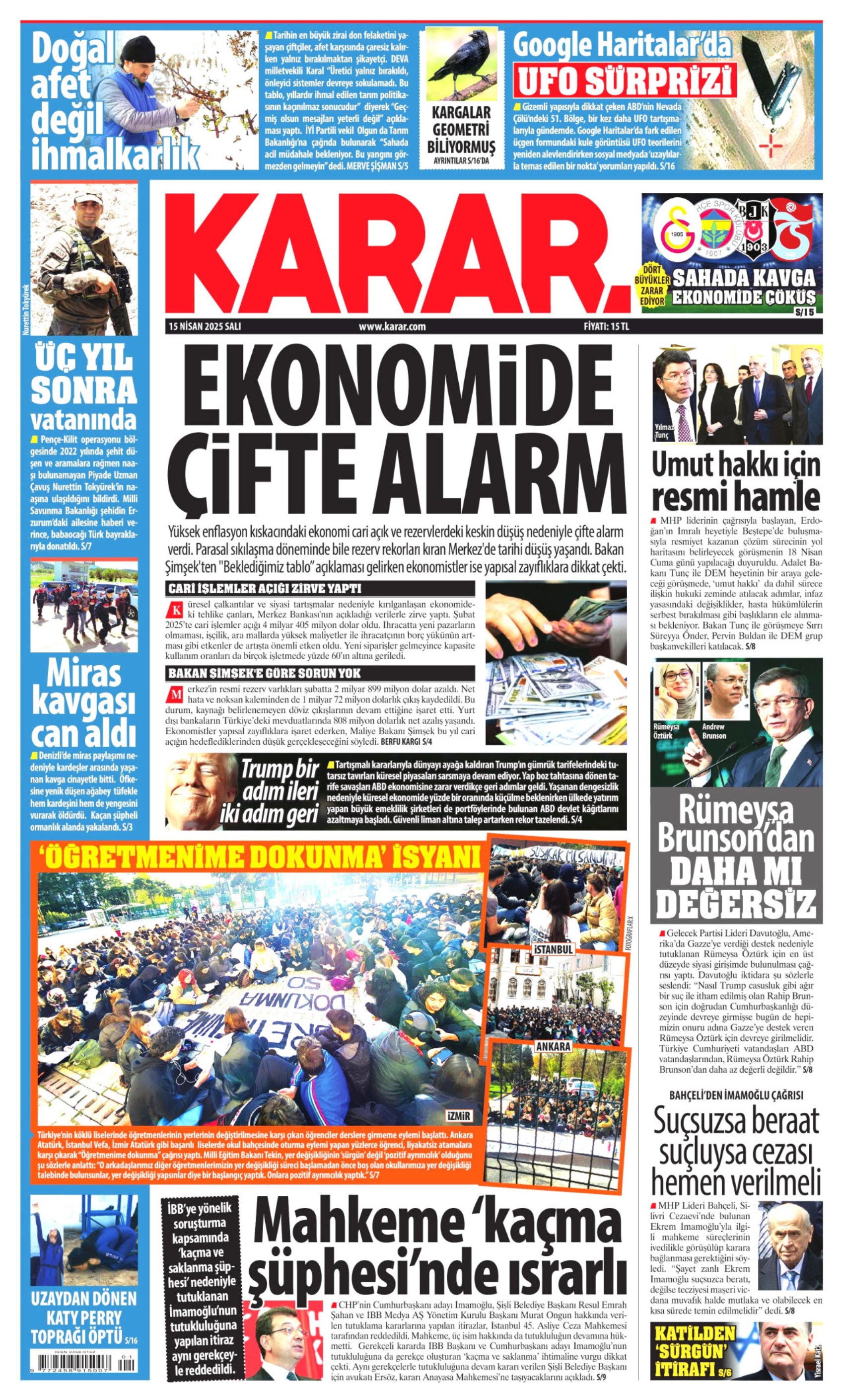 15 Nisan 2025 gazete manşetleri