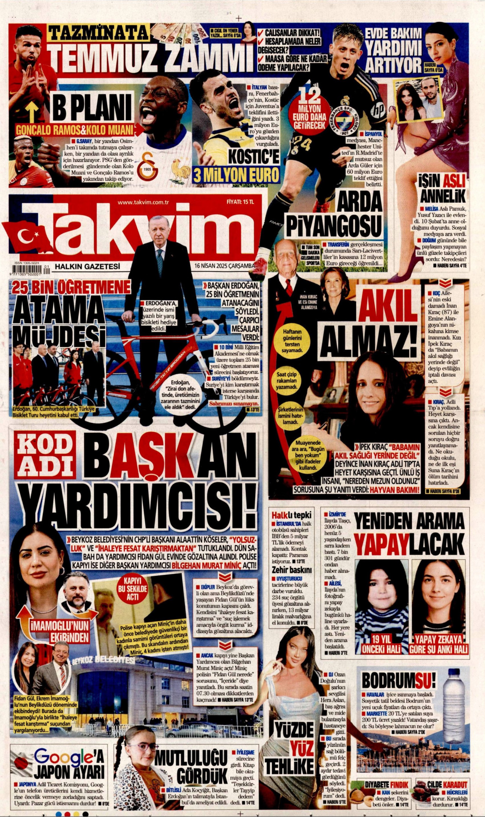 16 Nisan 2025 gazete manşetleri: Gazeteler, CHP lideri Özel ve Cumhurbaşkanı Erdoğan'ın açıklamalarını nasıl gördü?