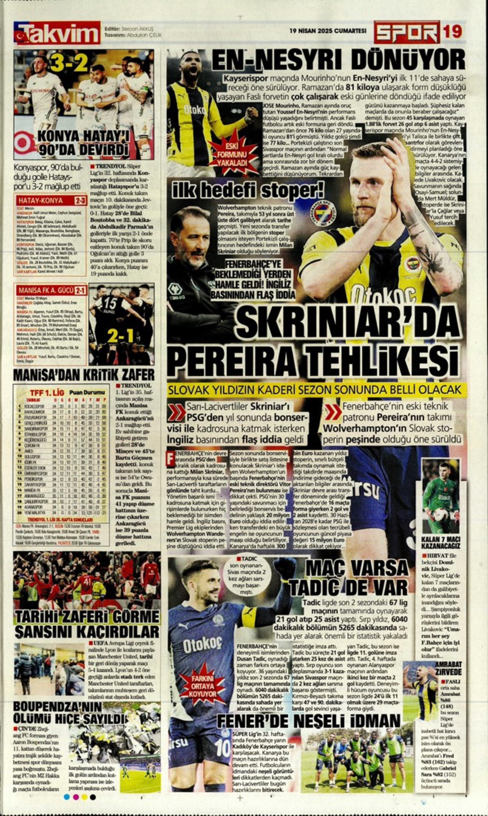 Sporda günün manşetleri: Skriniar'da Pereria tehlikesi