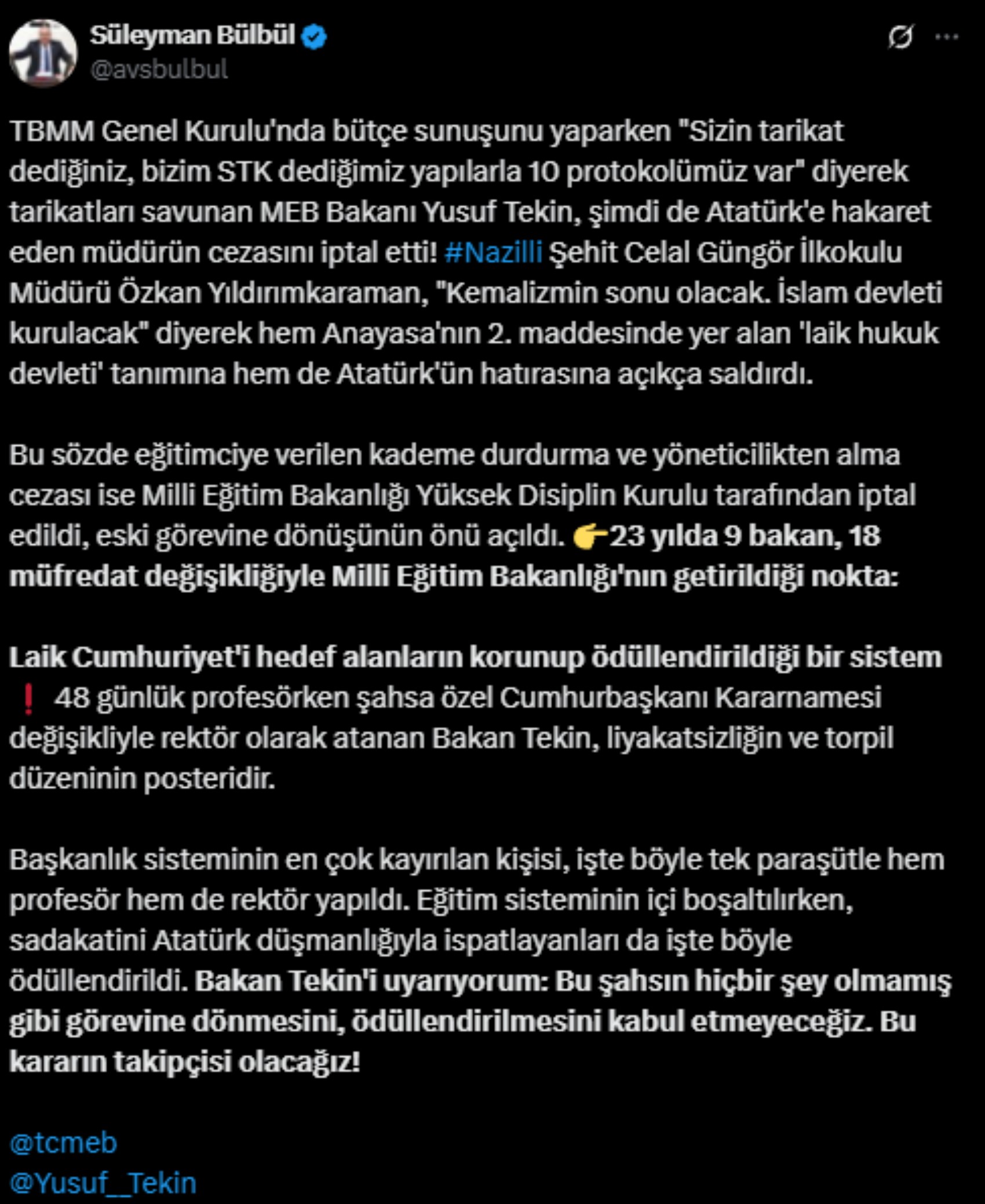 'Kemalizm'in sonu' diyen okul müdürünün cezası iptal edildi! CHP'li Bülbül'den sert tepki