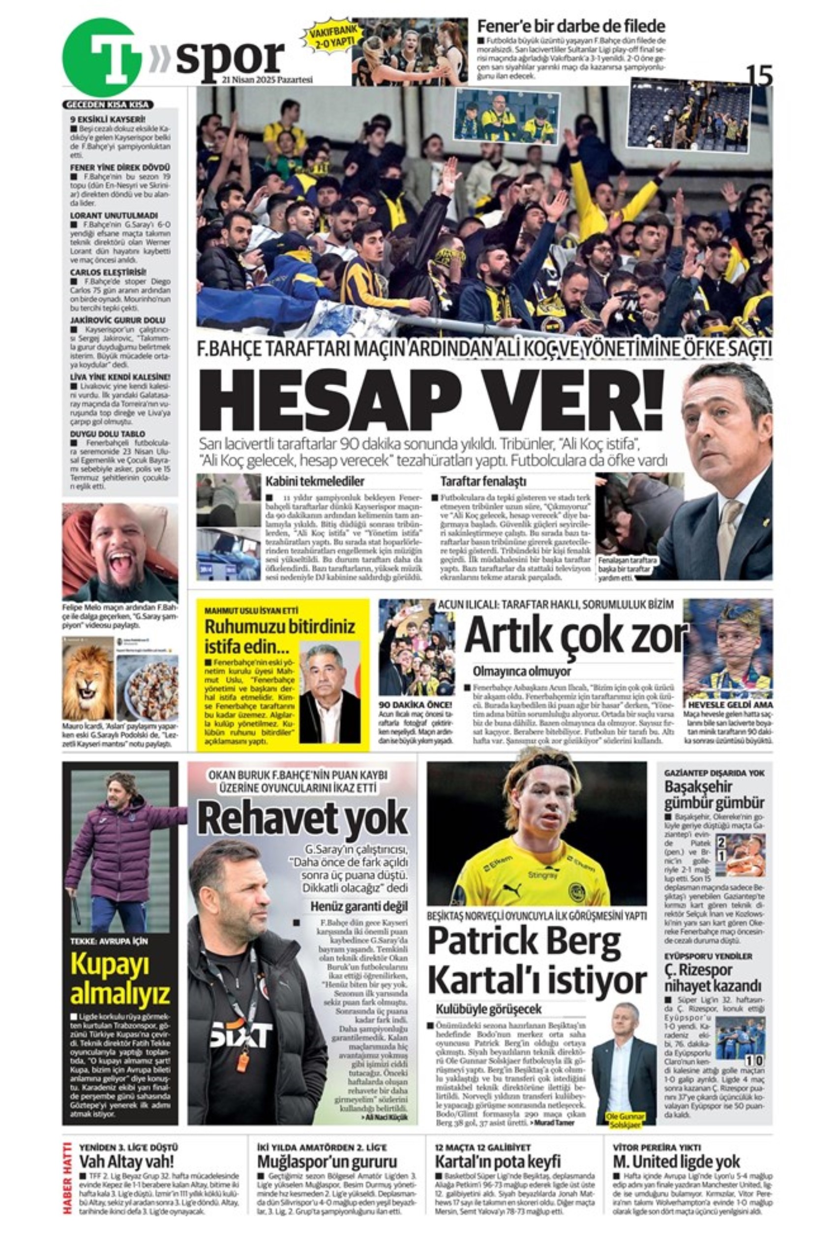 Sporda günün manşetleri: 'Fenerbahçe intihar etti'