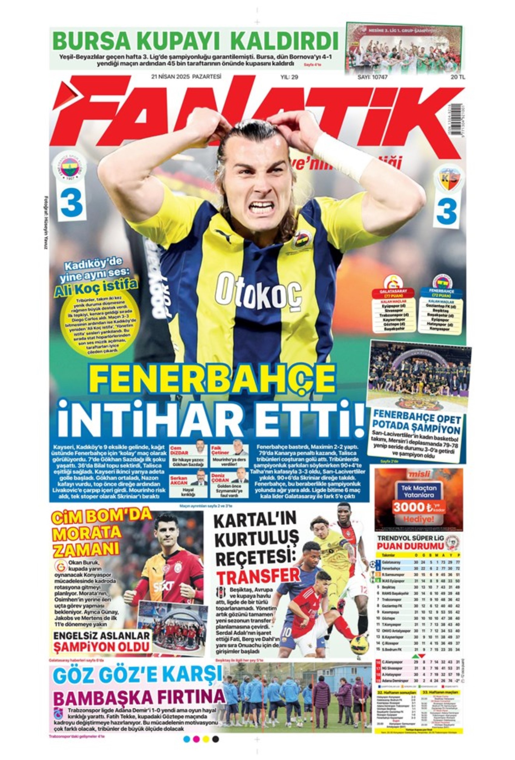 Sporda günün manşetleri: 'Fenerbahçe intihar etti'