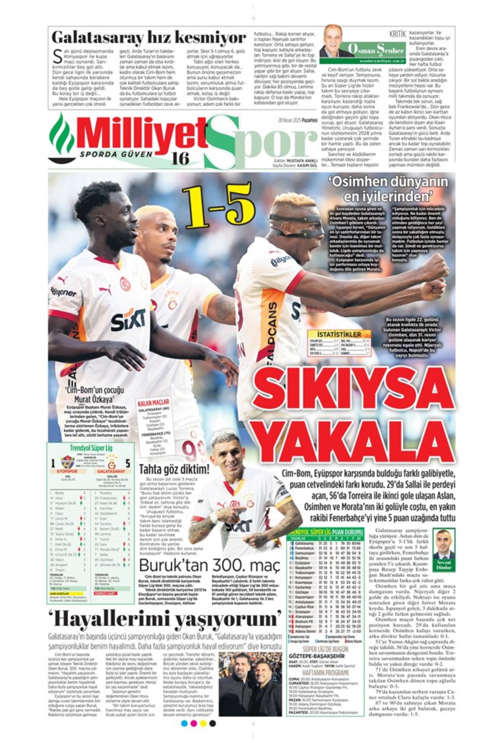 Sporda günün manşetleri: 5.yıldıza 5 golle selam