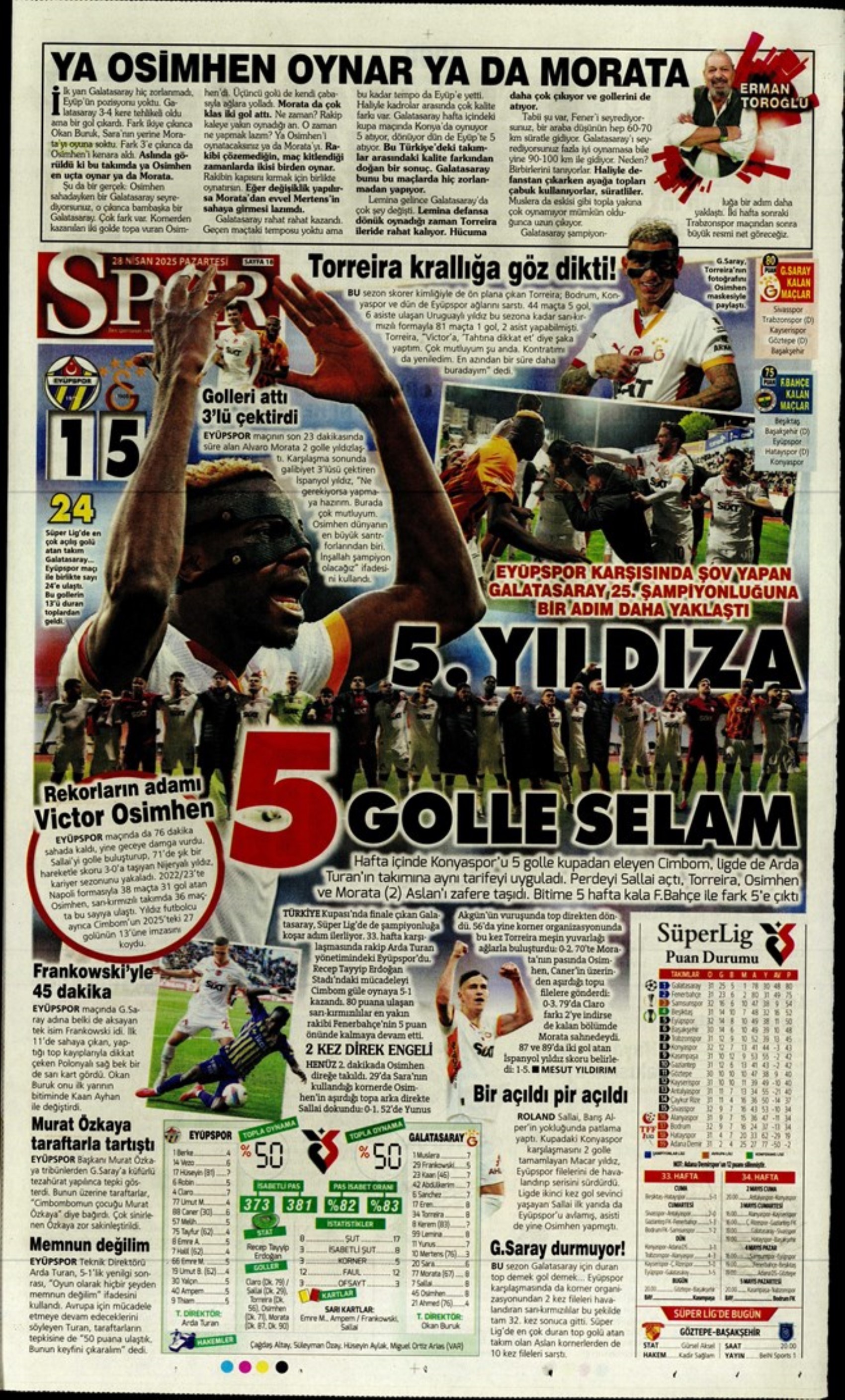 Sporda günün manşetleri: 5.yıldıza 5 golle selam