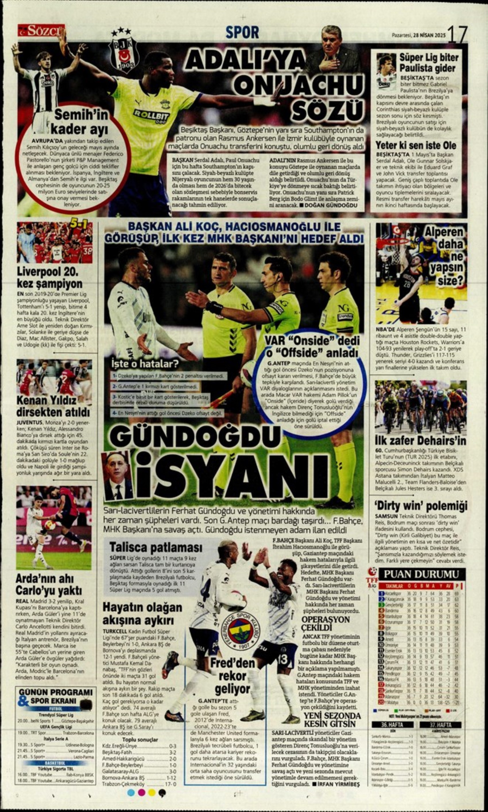Sporda günün manşetleri: 5.yıldıza 5 golle selam