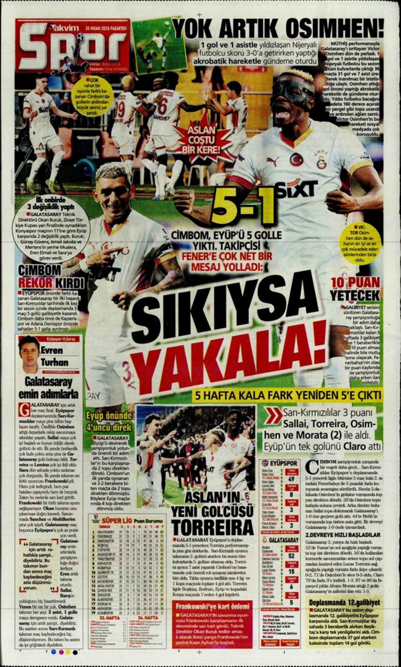Sporda günün manşetleri: 5.yıldıza 5 golle selam