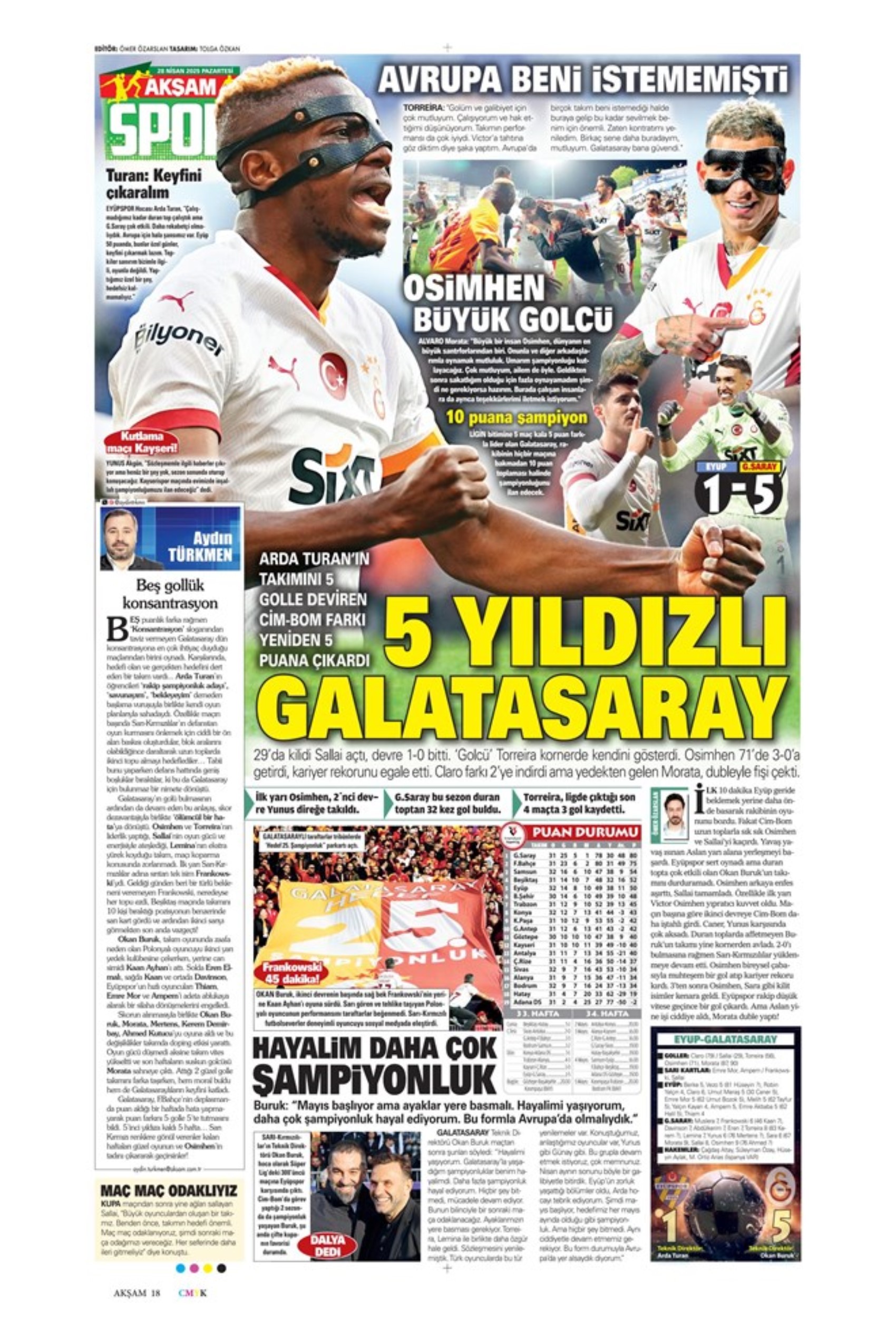 Sporda günün manşetleri: 5.yıldıza 5 golle selam