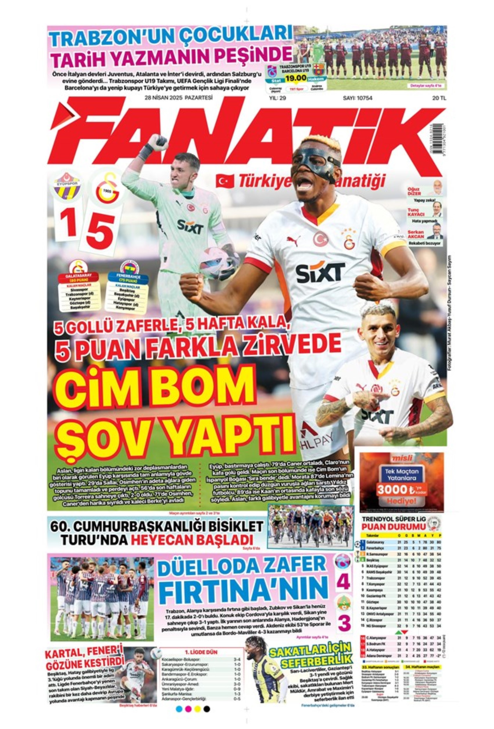 Sporda günün manşetleri: 5.yıldıza 5 golle selam