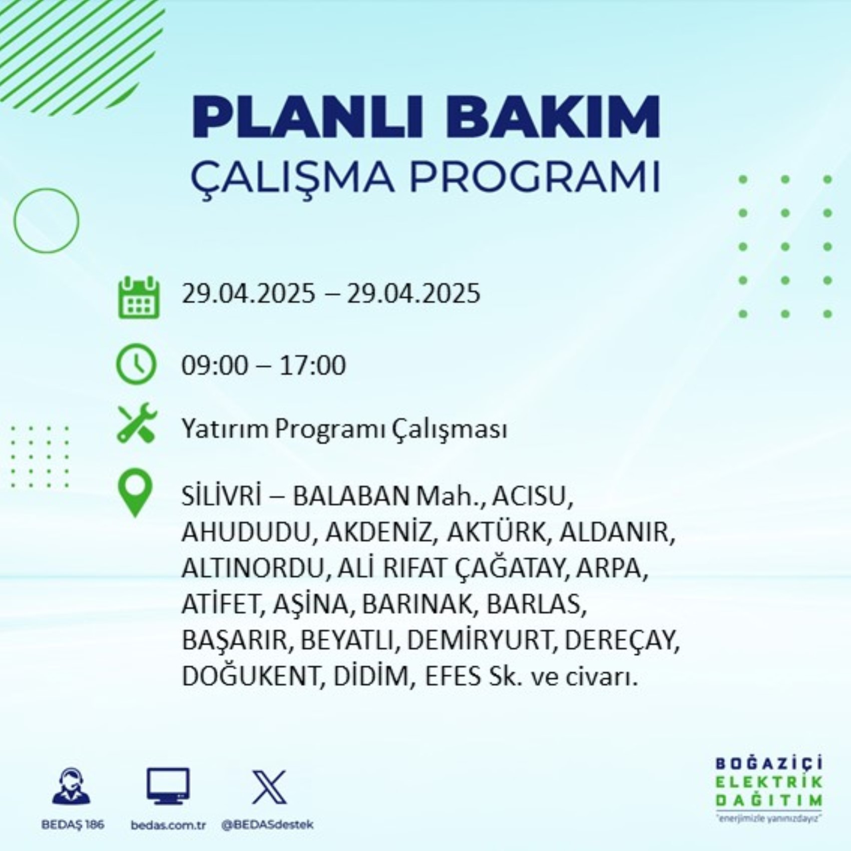 BEDAŞ paylaştı: İstanbul'da 29 Nisan Salı günü elektrik kesintisi yaşanacak ilçeler