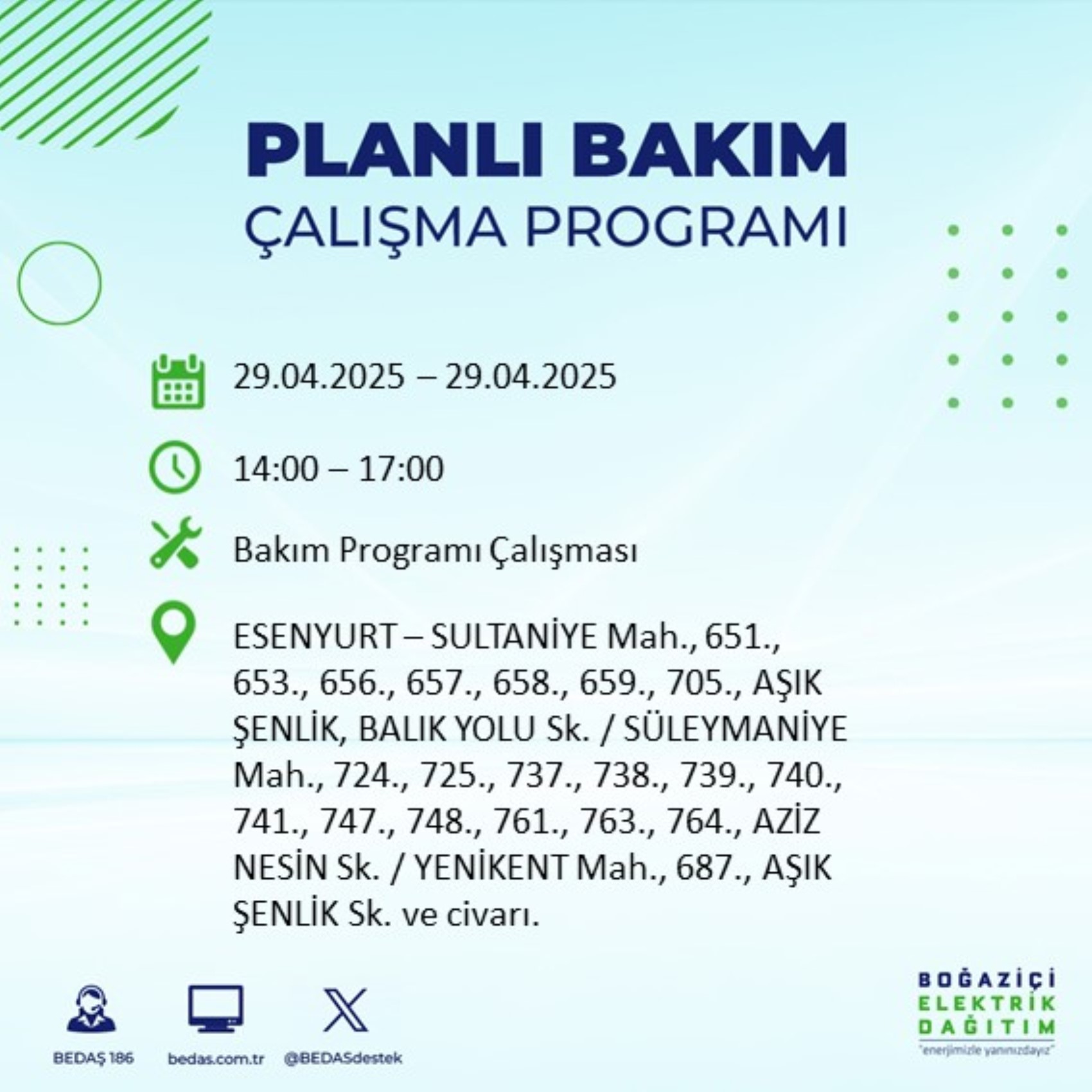 BEDAŞ paylaştı: İstanbul'da 29 Nisan Salı günü elektrik kesintisi yaşanacak ilçeler