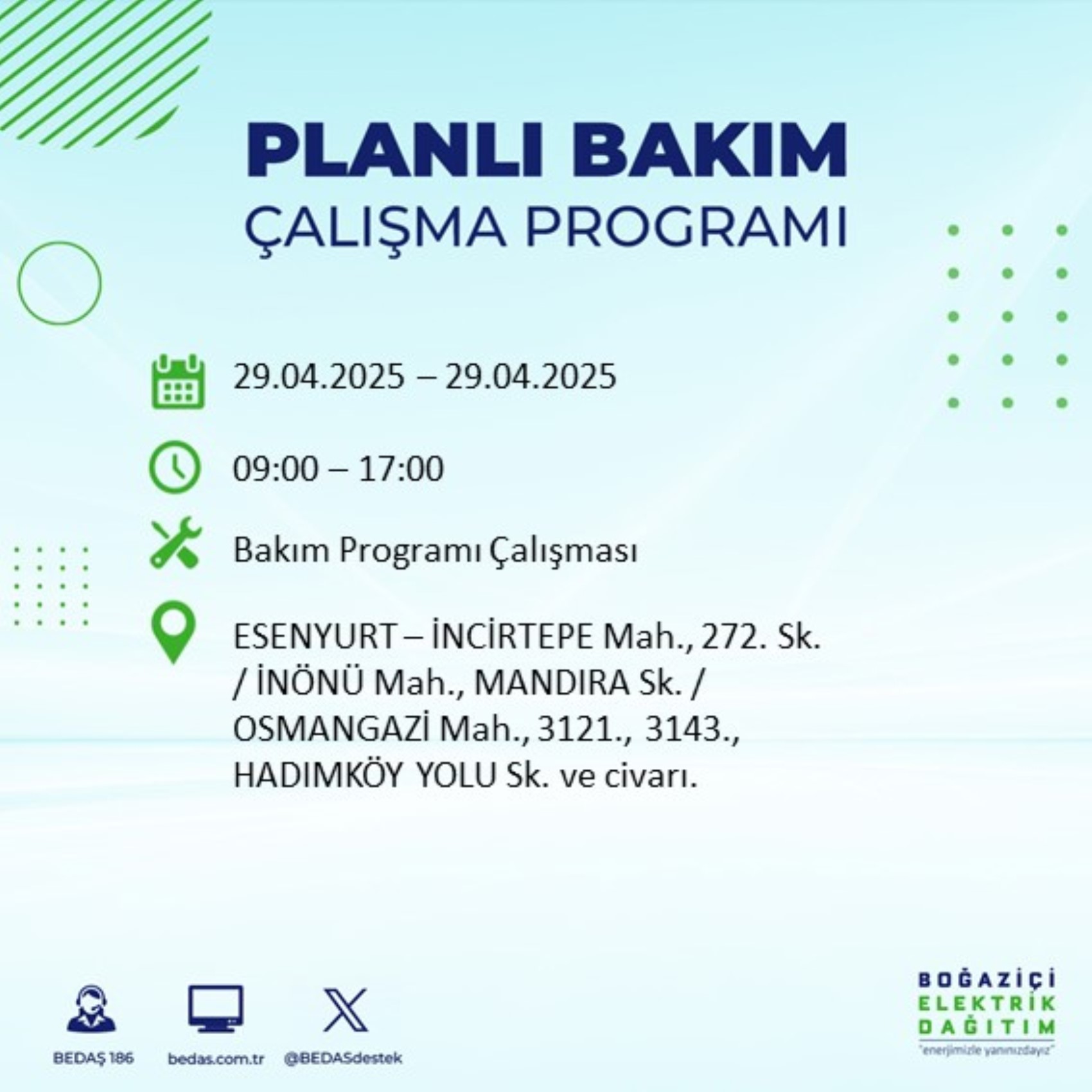 BEDAŞ paylaştı: İstanbul'da 29 Nisan Salı günü elektrik kesintisi yaşanacak ilçeler