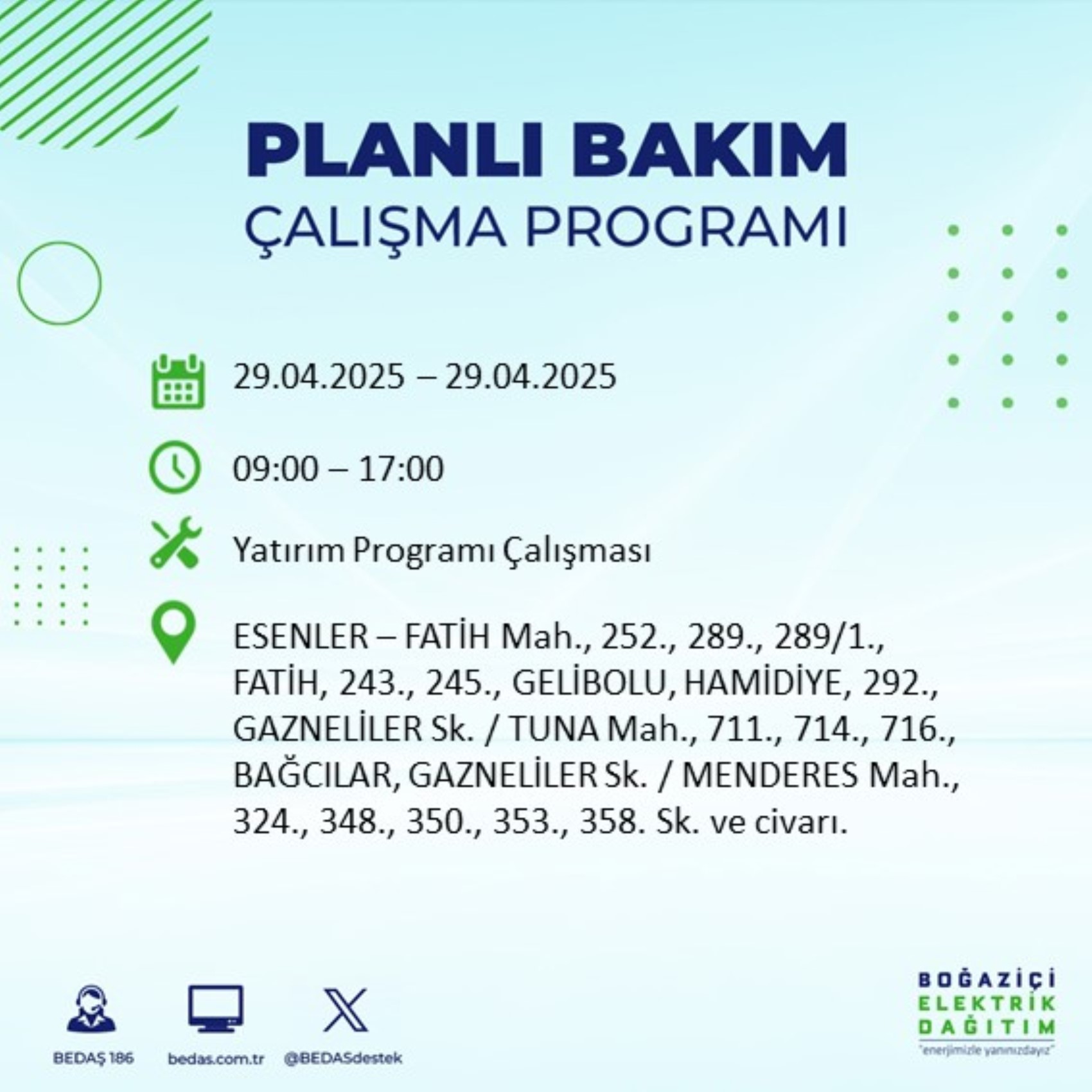 BEDAŞ paylaştı: İstanbul'da 29 Nisan Salı günü elektrik kesintisi yaşanacak ilçeler